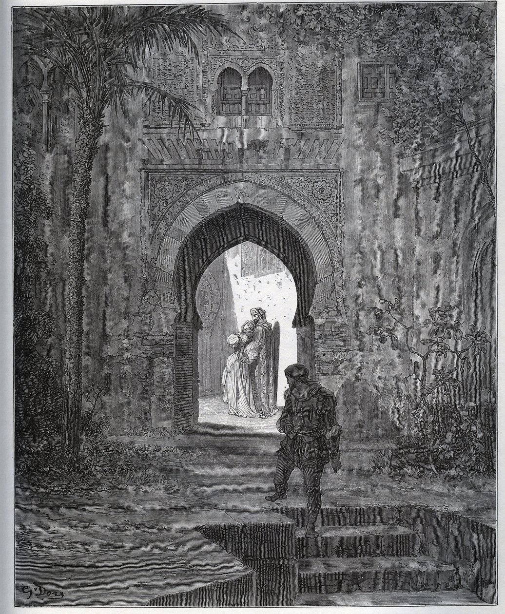 Fangenskabshistorie. Fangens første møde med Zoraide i faderens have, som bringer hende tilbage efter sin utilpashedsfinte fra "Don Quixote de la Mancha" af Miguel Cervantes af Gustave Dore
