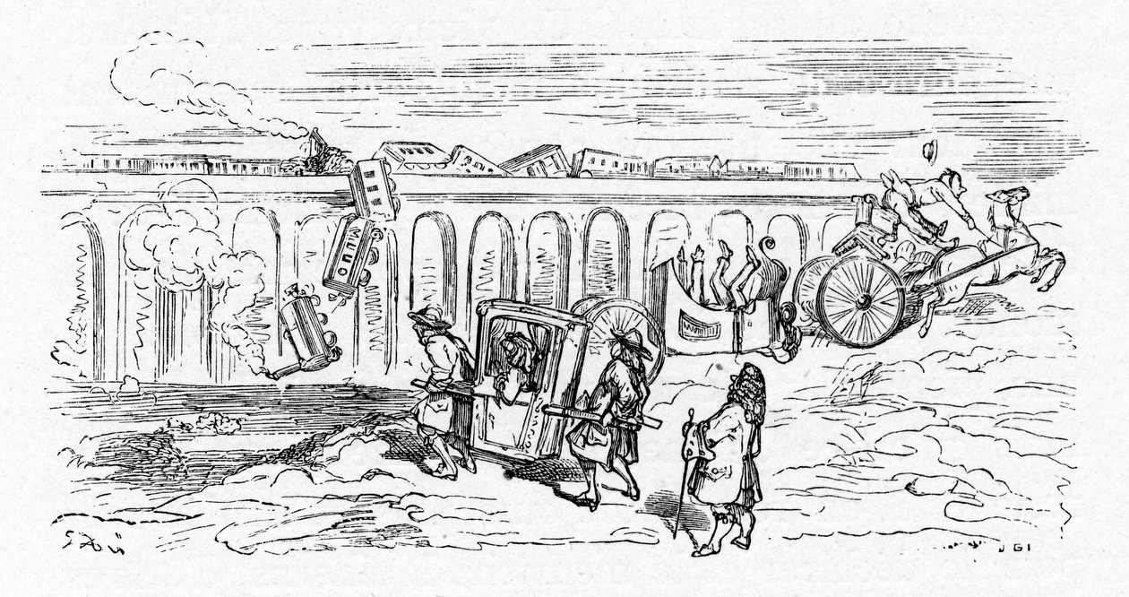 Tegning af "moderne" transport af Gustave Dore omkring 1850: 2 tog rammer hinanden, og et passagertog afspores og falder ned fra toppen af en bro; en vogn deles i 2 og vælter, efter at hesten, der trækker den, er blevet pakket; kun kørestolen s af Gustave Dore