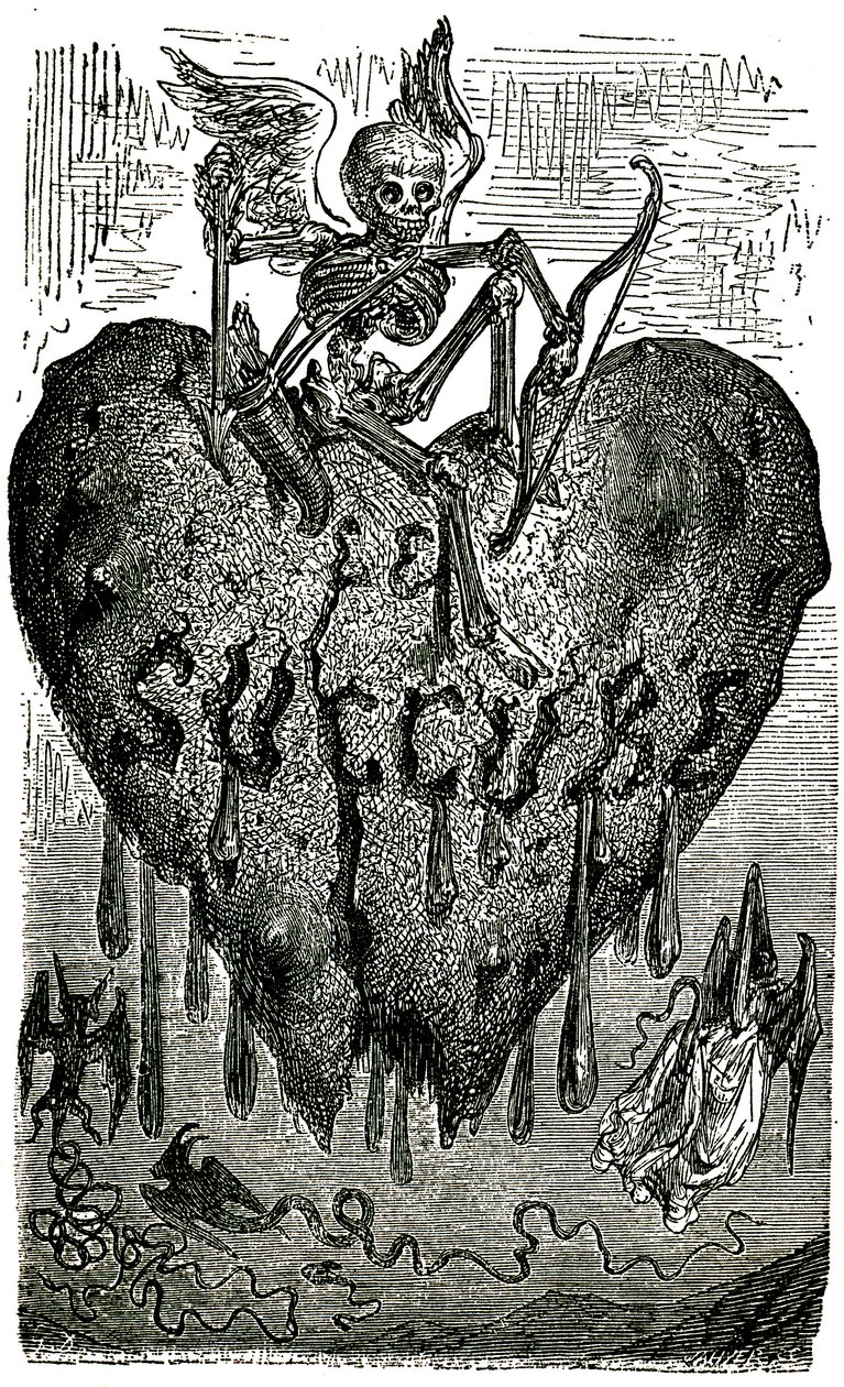 Kapitelhovedillustration af Gustave Dore til Drolatiske fortællinger (1855) af Honore de Balzac (1799-1850): Succubussen (vampyren) - skelet, død, hjerte, blod... af Gustave Dore