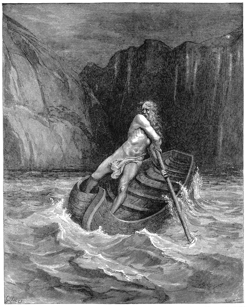 Færgemanden Charon ror for at samle Dante og Virgil for at bære dem over Styx, 1861 af Gustave Dore