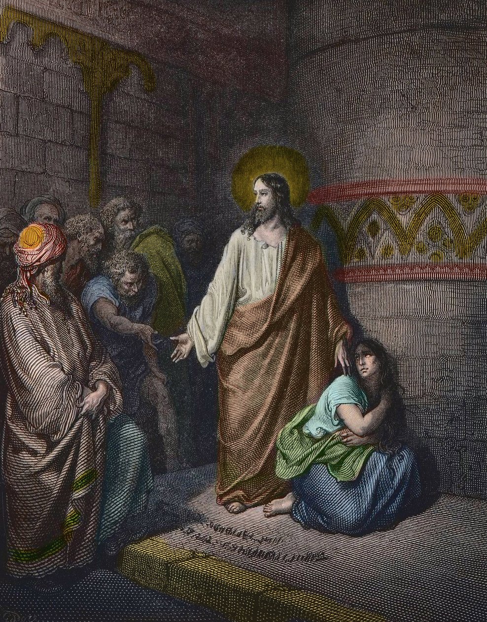 "" Kristus og den utro kvinde"" Illustration af Gustave Dore (1832-1883) - Jesus og kvinden taget i utroskab - gravering af Gustave Dore - senere farvelægning af Gustave Dore