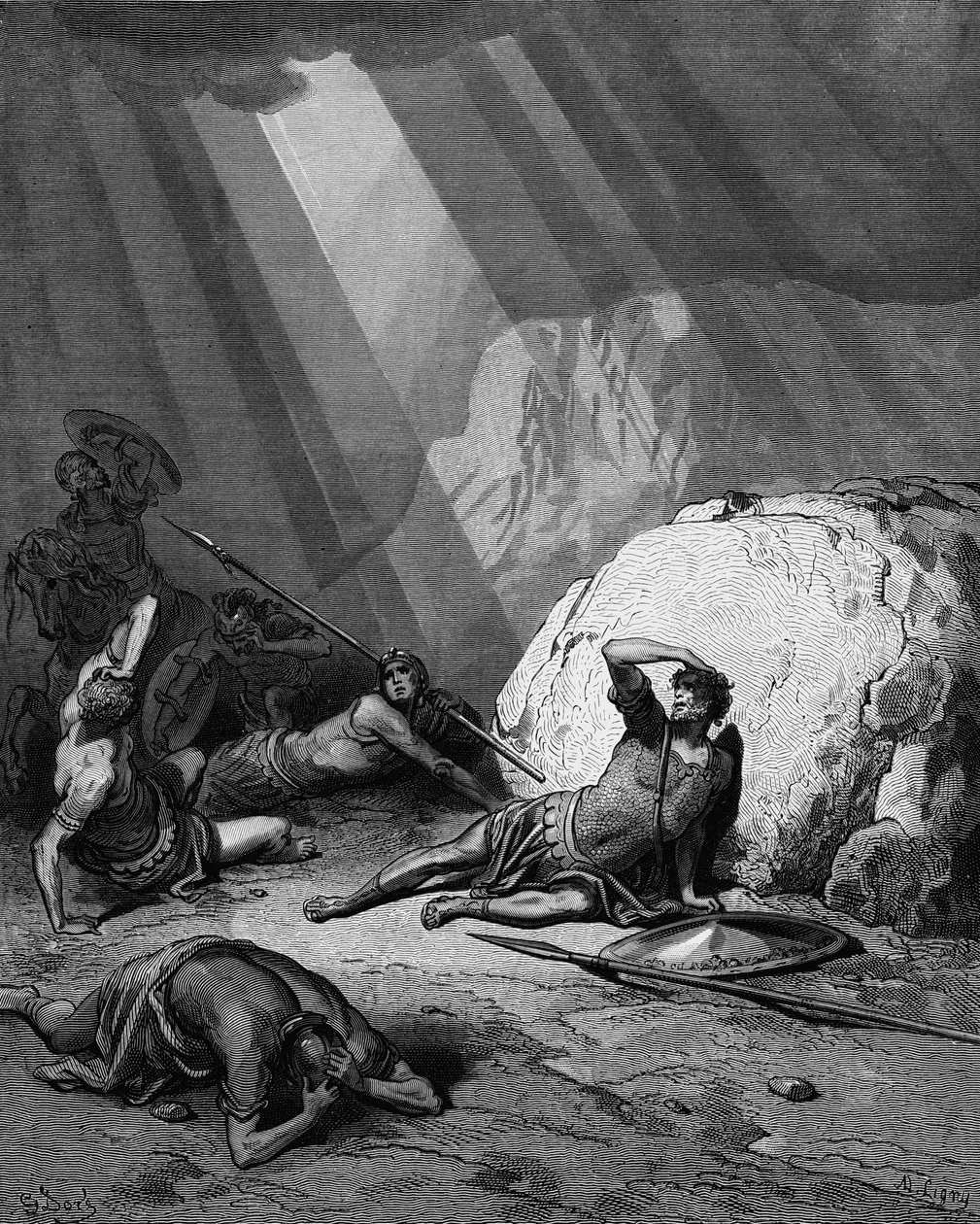 Pyhän Paavalin kääntymys Damaskoksen tiellä. Apostolien teot 9. Gustave Doren Raamatusta 1865-1866. Puunkaiverrus. Jumalan voima on kuvattu valon varrena. af Gustave Dore