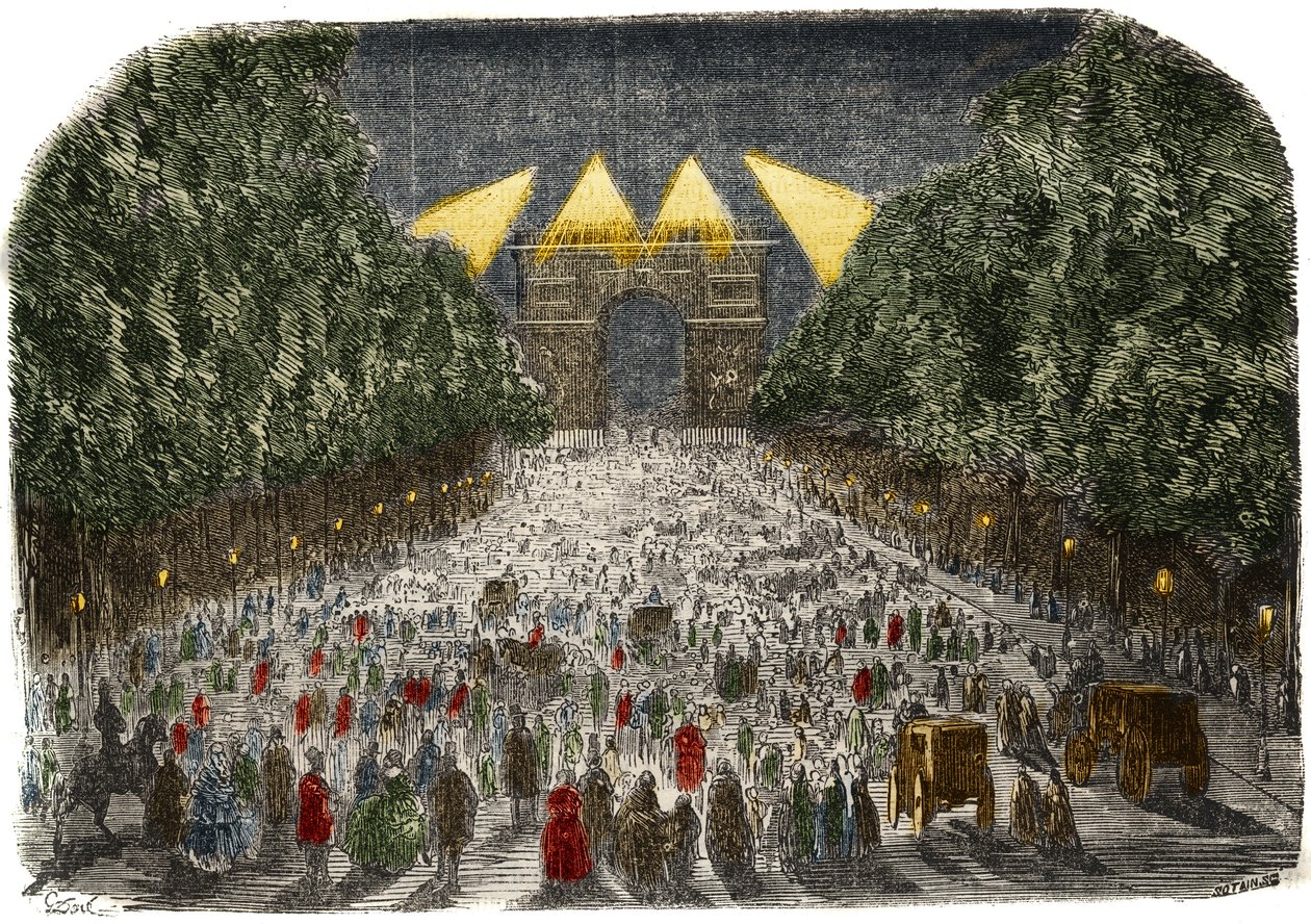 Folk, der beundrer den elektriske belysning af Triumfbuen og Champs Elysees (Champs-Elysees) i Paris den 26. og 27. oktober af Gustave Dore