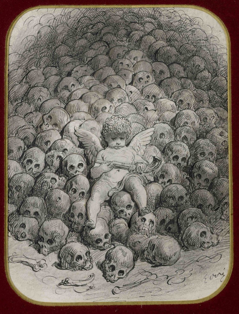 ""Amor bevæbnet med en pistol siddende på et bjerg af kranier"" (Amor med en pistol på toppen af ​​et kraniebjerg) Blæk og tegning af Gustave Dore (1832-1883) Privat samling af Gustave Dore