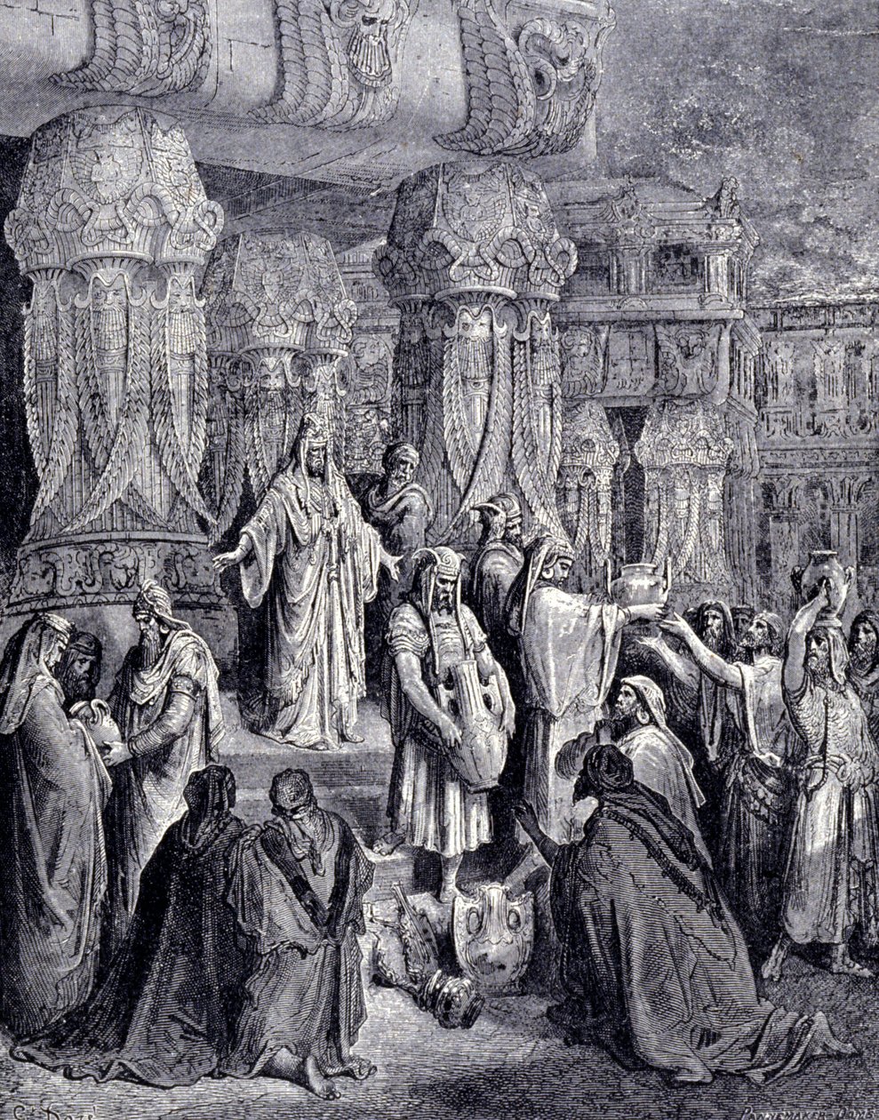 Kyros II den Store (580 f.Kr. - 530 f.Kr.) befriede de fangede folk ved hans ankomst til Babylon i 539 f.Kr. og returnerede til det jødiske folk de hellige kar, der var blevet taget som bytte i Jerusalems tempel. Gravering af Gustave Doré. af Gustave Dore