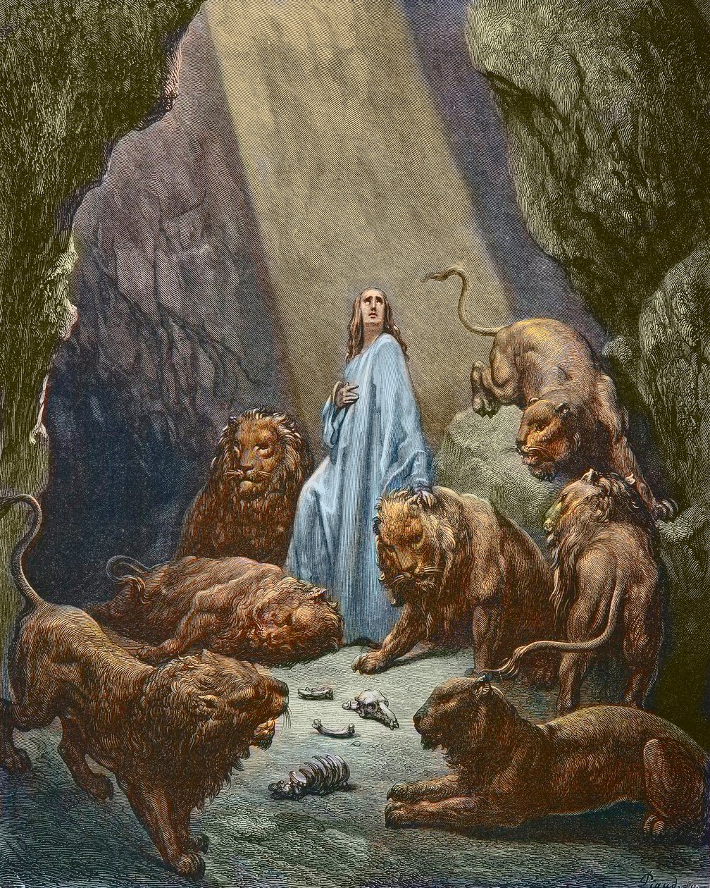 Daniel bliver smidt i Løvehulen - Daniel i Løvernes Hule - gravering af Gustave Dore - senere farvelægning af Gustave Dore