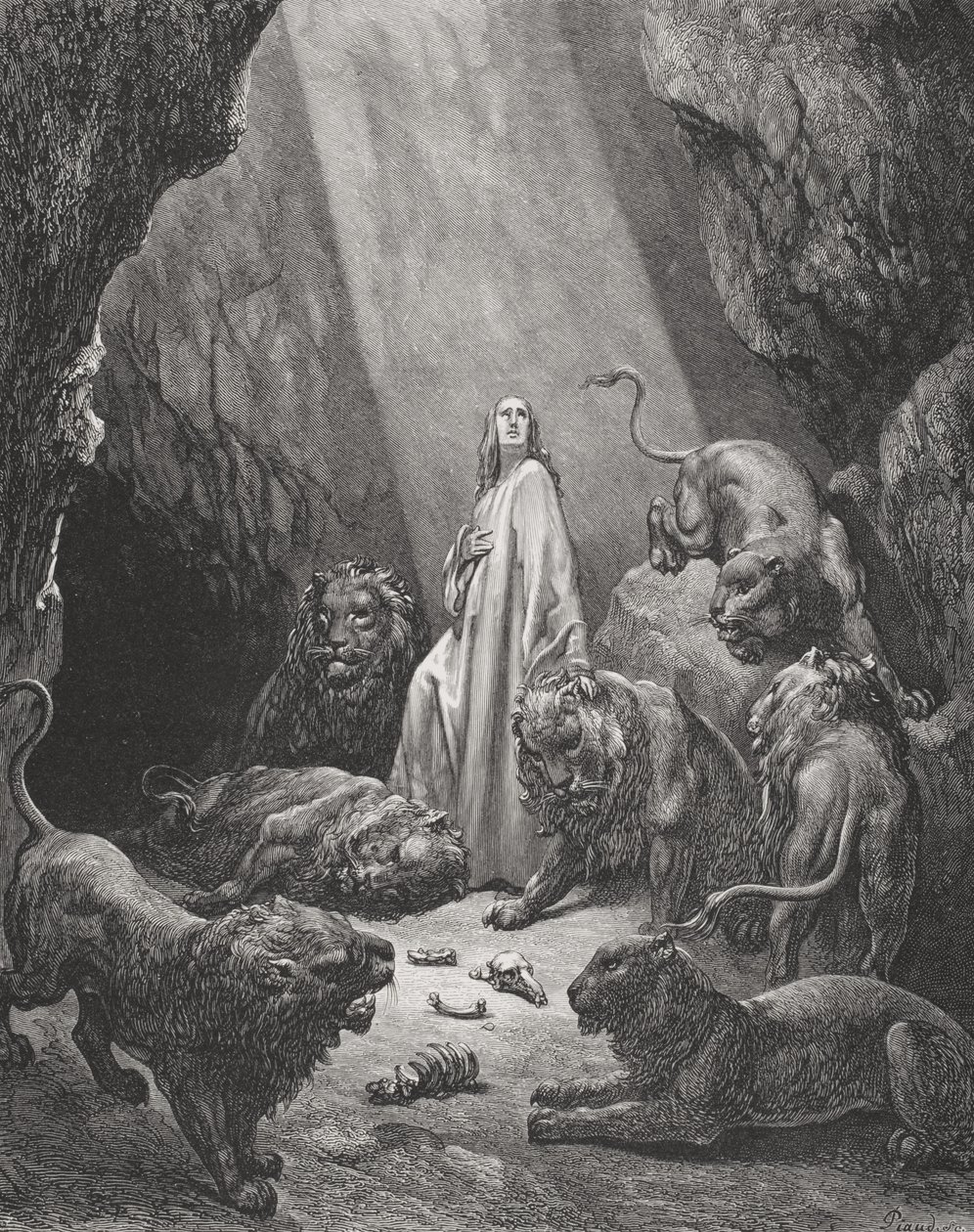 Daniel i Løvehulen, Daniel 6:16-17, illustration fra Dores 