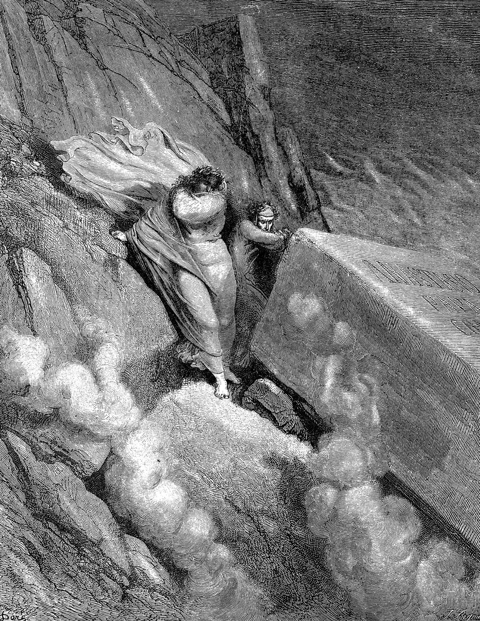 Dante og Virgil ved kanten af afgrunden, hvorfra en fødende lugt dampede op, 1863 af Gustave Dore