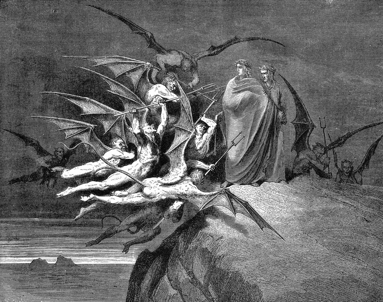 Dante og Vergil overfaldes af dæmoner på deres vej gennem den ottende cirkel. Illustration (1861) af Gustave Dore til Dante Inferno, Canto XXI. Træsnit af Gustave Dore