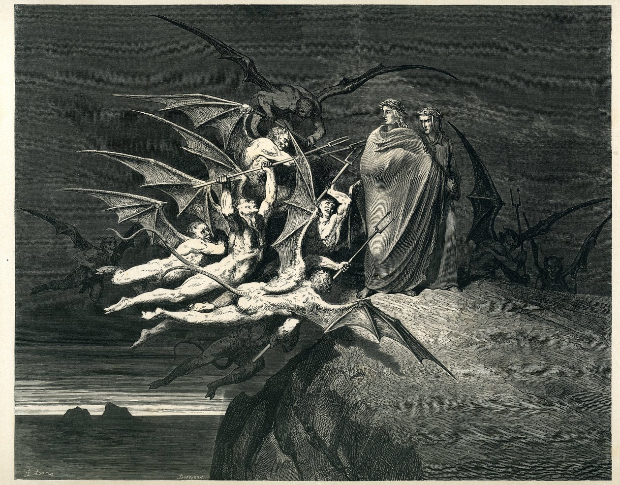 Dante og Vergil står over for dæmonerne. Stik fra Helvede af Dante Alighieri (Den guddommelige komedie) illustreret af Gustave Dore. Fransk udgave fra 1861. "... Nessun di voi sia fello! (Lad ingen af jer være oprørske!)" , sang 21, v. 72. af Gustave Dore