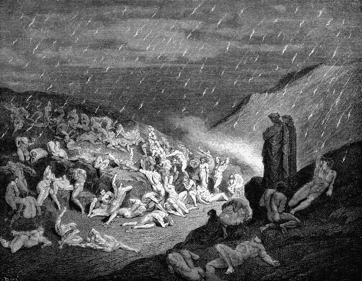 Dante og Virgil ser ned på sjæle i pine i infernoet, 1863 af Gustave Dore