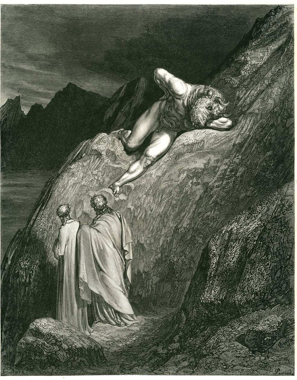 Dante og Vergil møder Minotaurus. Stik fra Helvede af Dante Alighieri (Den guddommelige komedie) illustreret af Gustave Dore. Fransk udgave fra 1861. "E in su la punta della rotta lacca/L