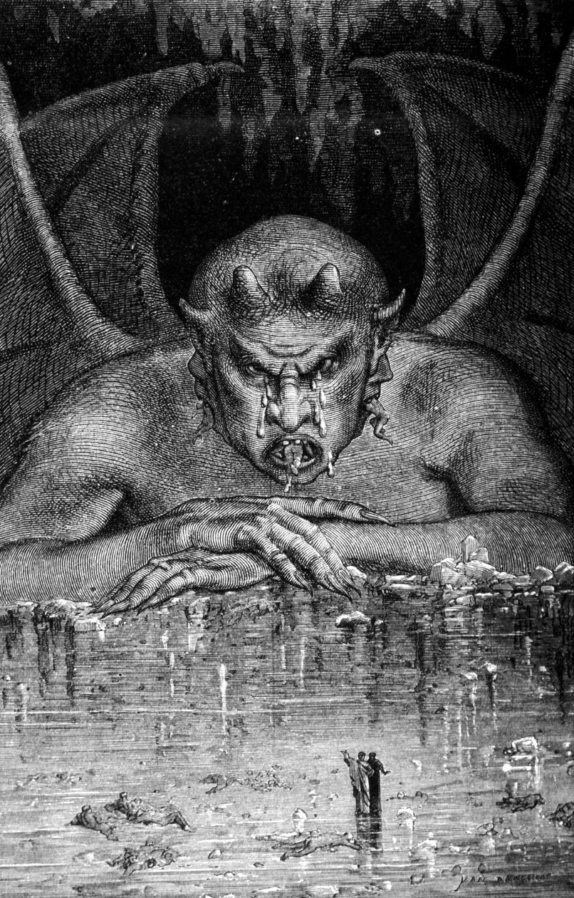 Dante et Virgil travers les enfell i Den guddommelige komedie af Dante Alighieri (1265 - 1321): Satan fortærer dansene. Gravering af Gustave Doré. 19. århundrede. af Gustave Dore