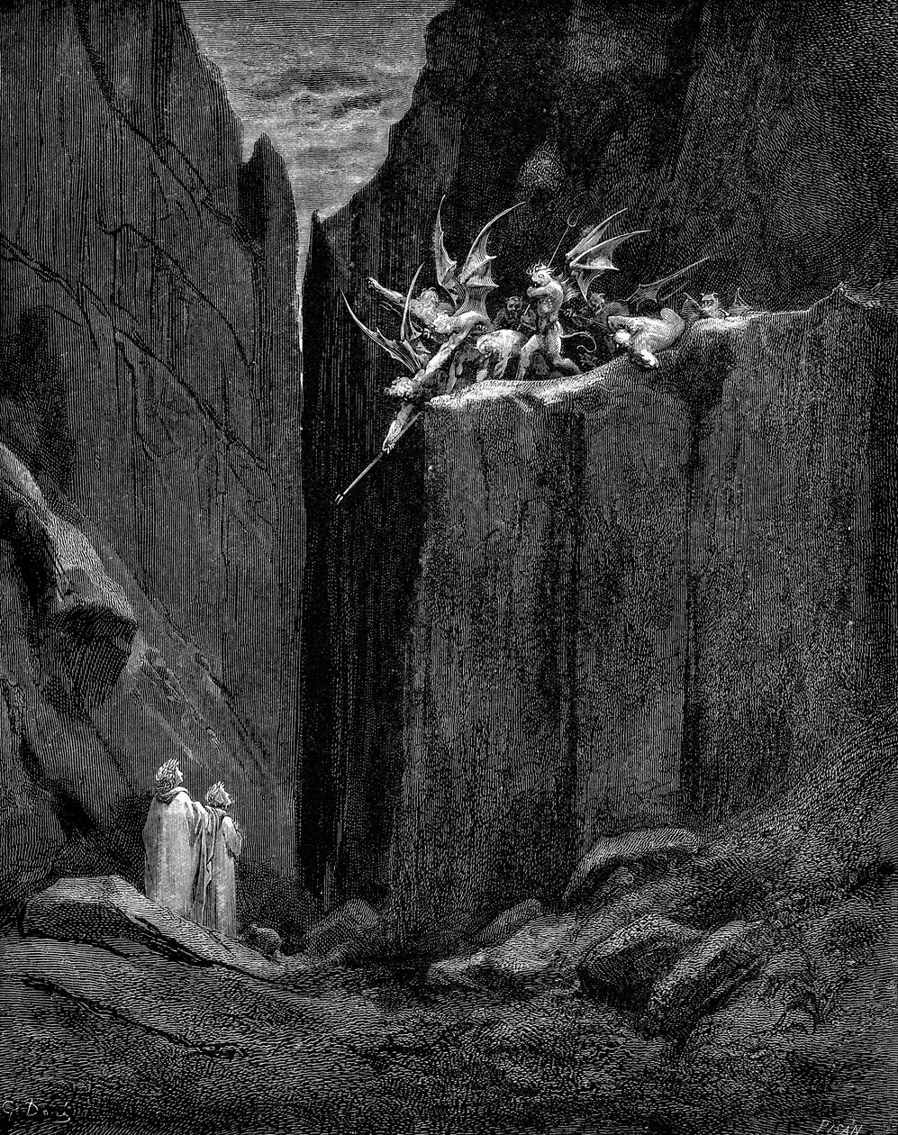 Dante beskyttet af Virgil mod skade fra dæmoner, 1863 af Gustave Dore