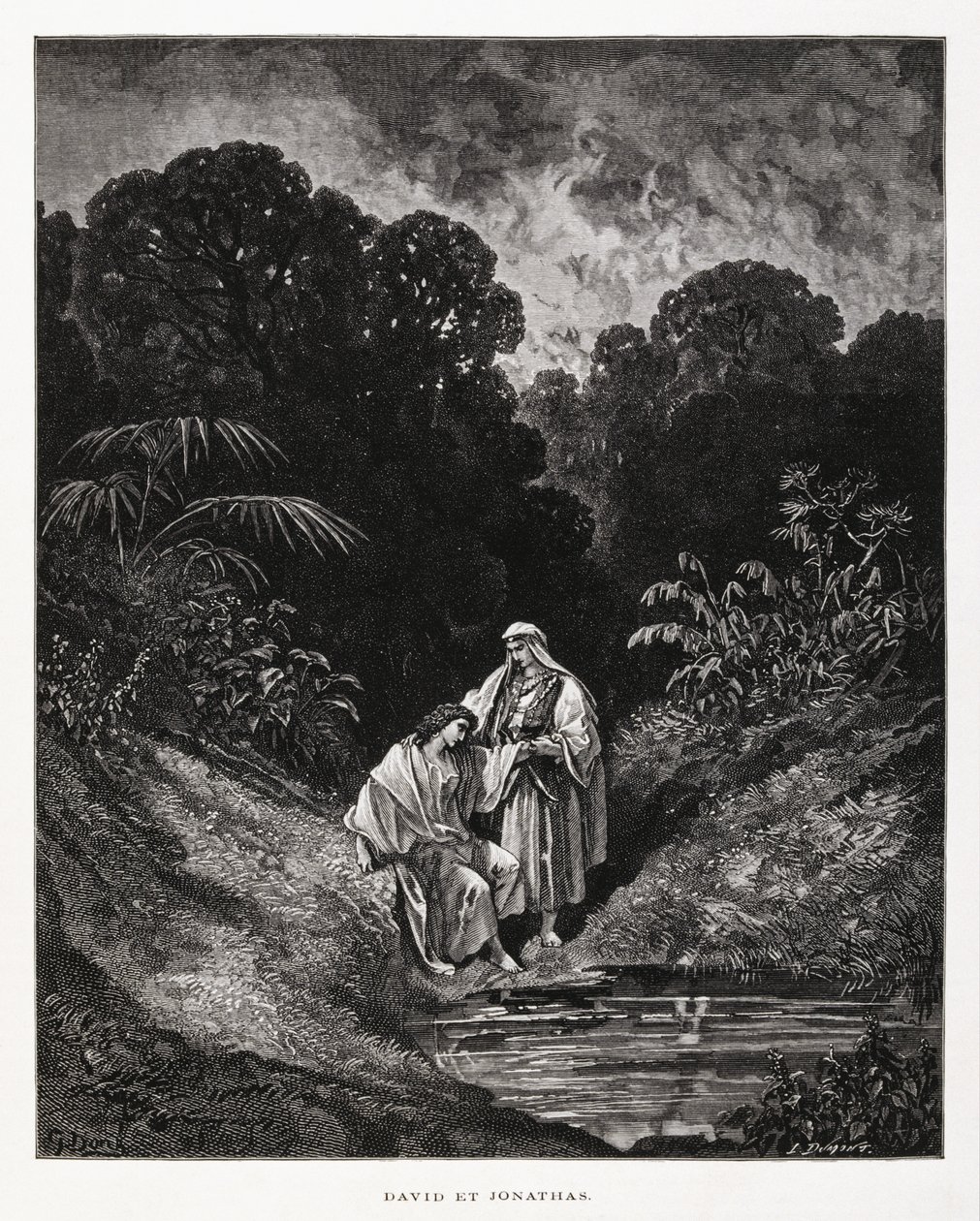 David og Jonatan, heltefigurer fra Israels rige, som indgik en venskabspagt nedskrevet i Samuelsbøgerne, Illustration fra Dore Bible af Gustave Dore
