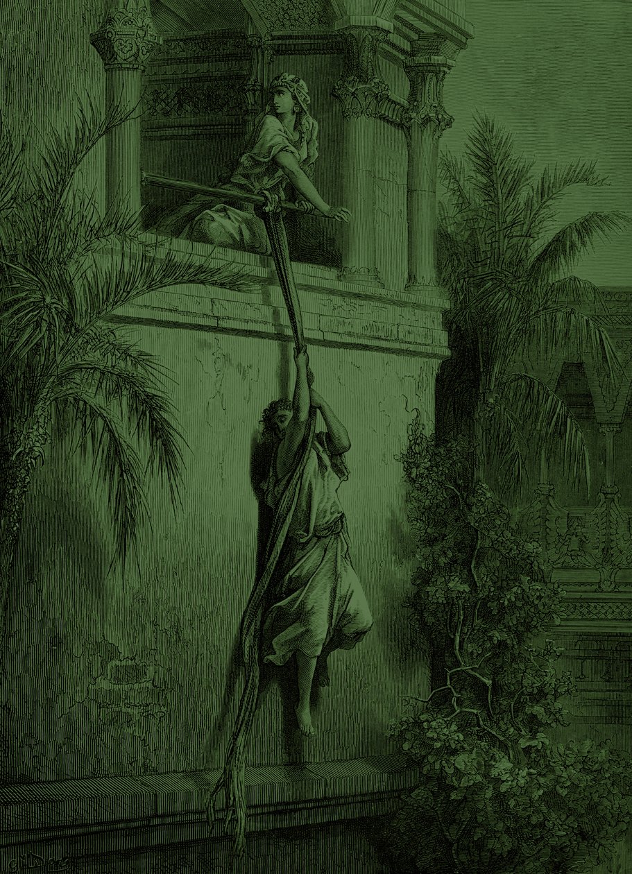 Davids flugt gennem vinduet, af Doré. - Bibel af Gustave Dore