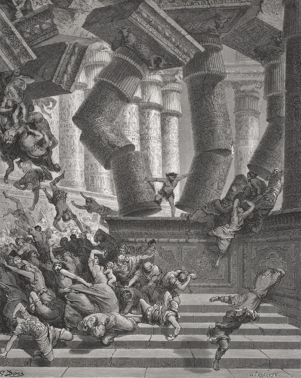 Samsons død, Dommerne 26:28-30, illustration fra Dore