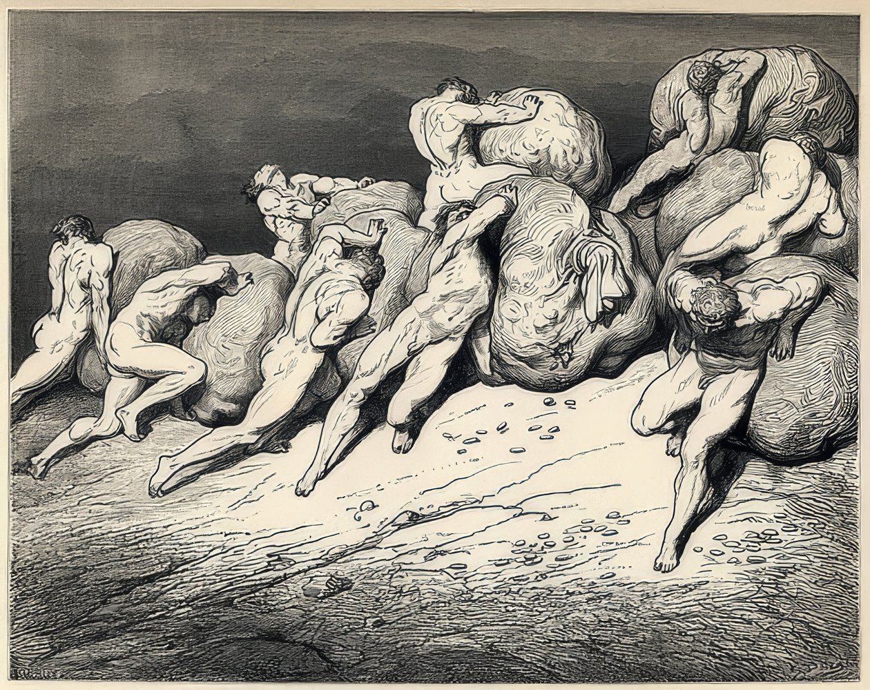 De sparsommelige og næriges sjæle. Illustration til Dante Alighieris guddommelige komedie. Omkring 1857 af Gustave Dore