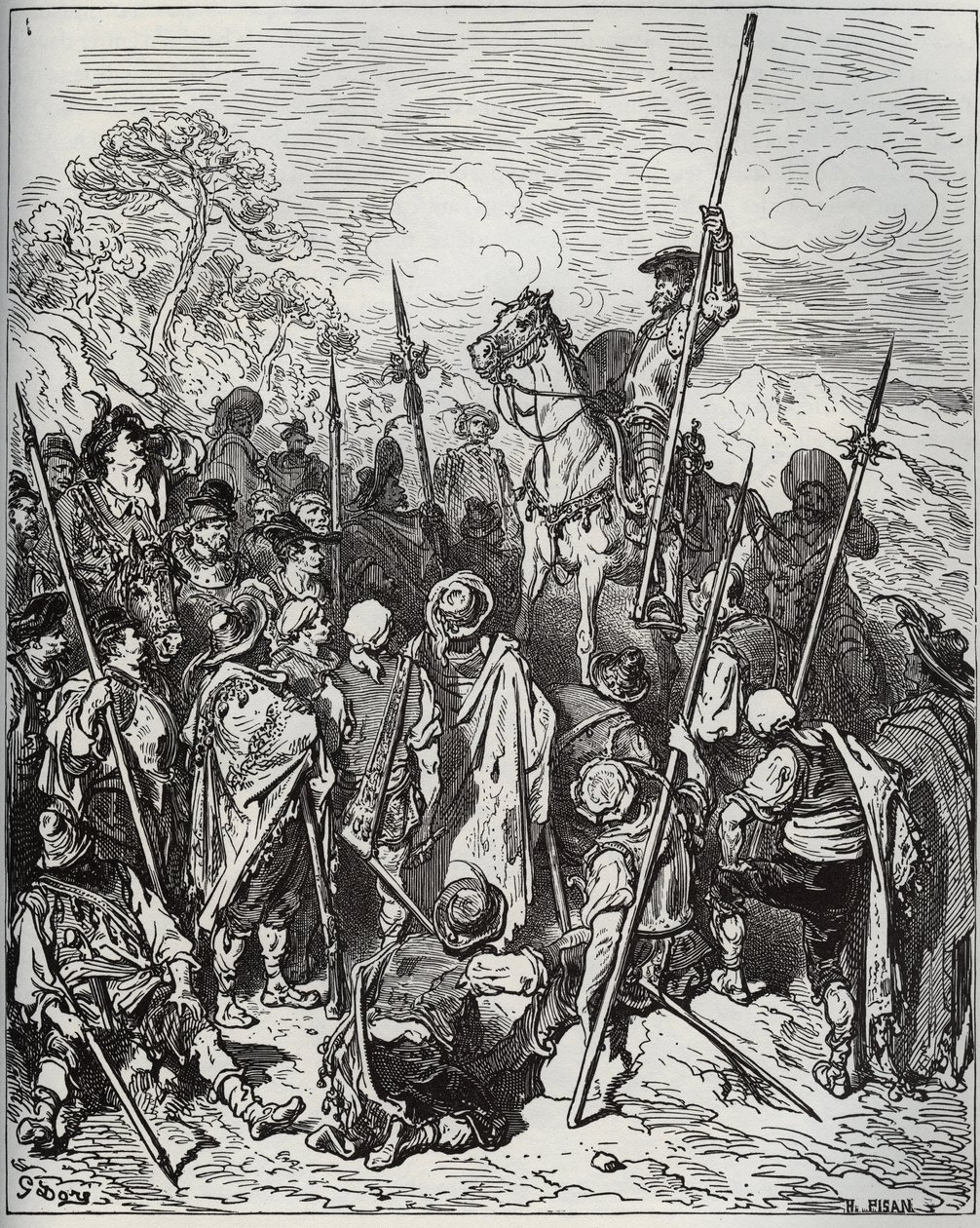Don Quijote og Sancho med eskadronen af de brølende landsbyboere - fra "Don Quixote de la Mancha"" af Miguel Cervantes (1547-1616) (Don Quixote) - Træsnit efter tegning af Gustave Dore af Gustave Dore