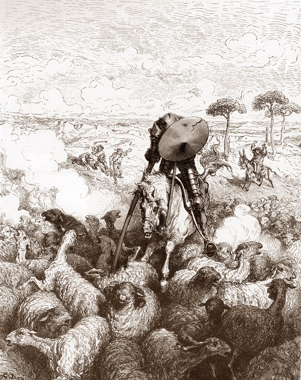 Don Quixot angriber fåreflokken Gravering af Gustave Dore (1832-1883) til "The Ingenieux Hidalgo Don Quixote de la Mancha (Quixotte - Quixote)" af Miguel de Cervantes (1547-1616) 1863 Privat samling af Gustave Dore