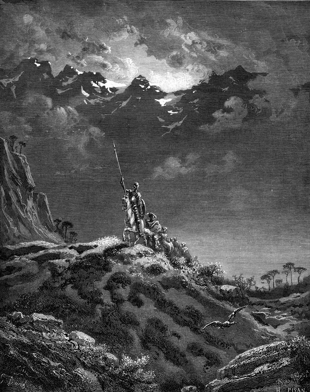 Don Quixote (Quixote eller Qijote) på vej ud på eventyr. Kobberstik af Gustave Dore, der illustrerer Hachette-udgaven fra 1869 af bogen "L