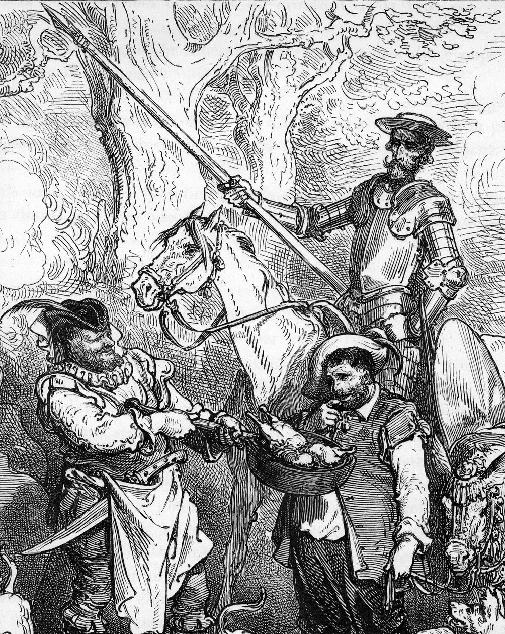 Don Quixote (Quixote eller Qijote), der kaster med håndkraft og rider på sin hest Rossinant, er klar til at tage på eventyr. Hans fidele squiyer, gourmeten Sancho Panza (Panca), tøver foran en god kødret. Detalje af en gravering af Gustave Dore, der illust af Gustave Dore