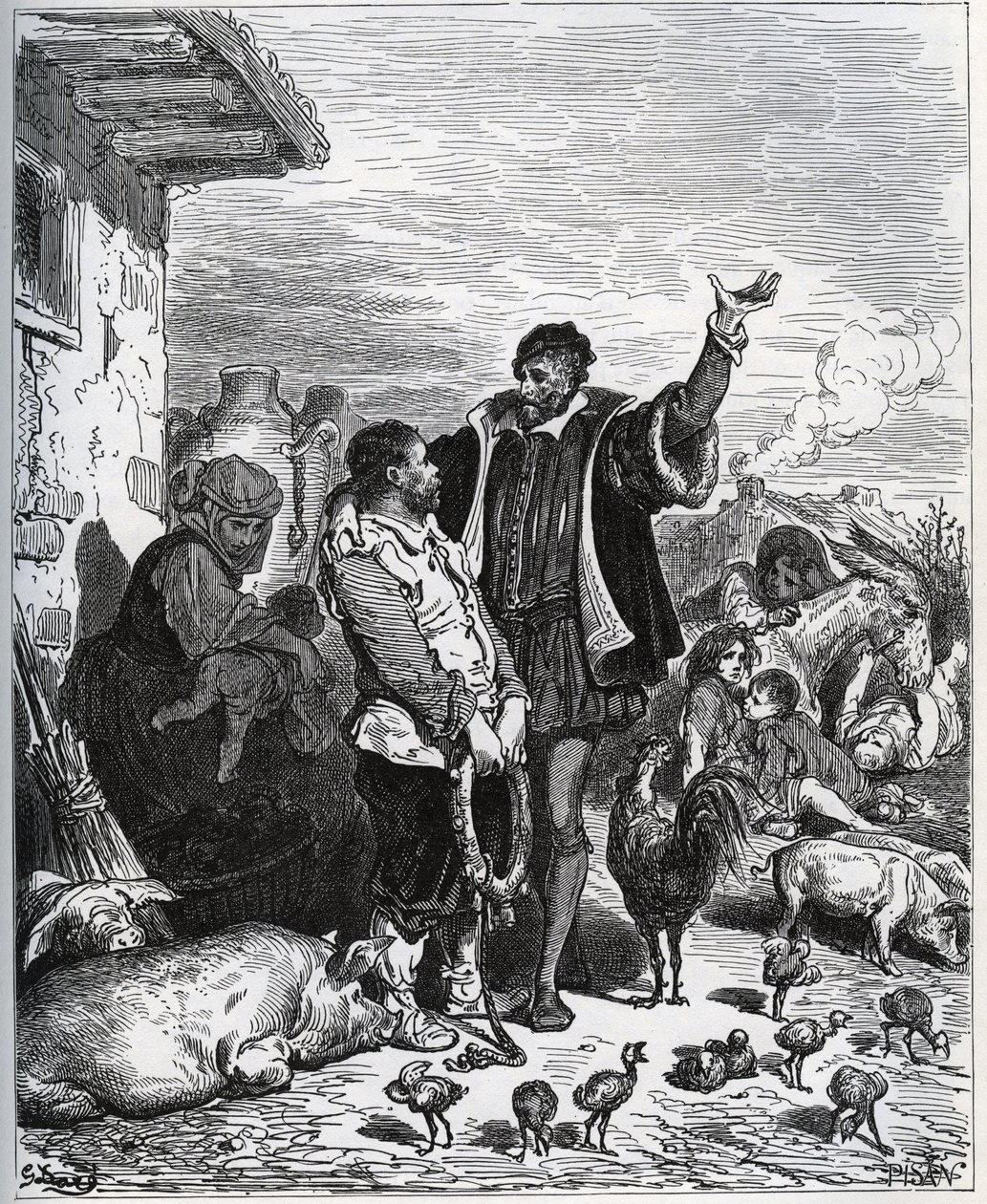 Don Quixote overlader sin nabo Sancho Panza til at være hans ecuyer - fra "Don Quixote de la Mancha"" af Miguel Cervantes af Gustave Dore
