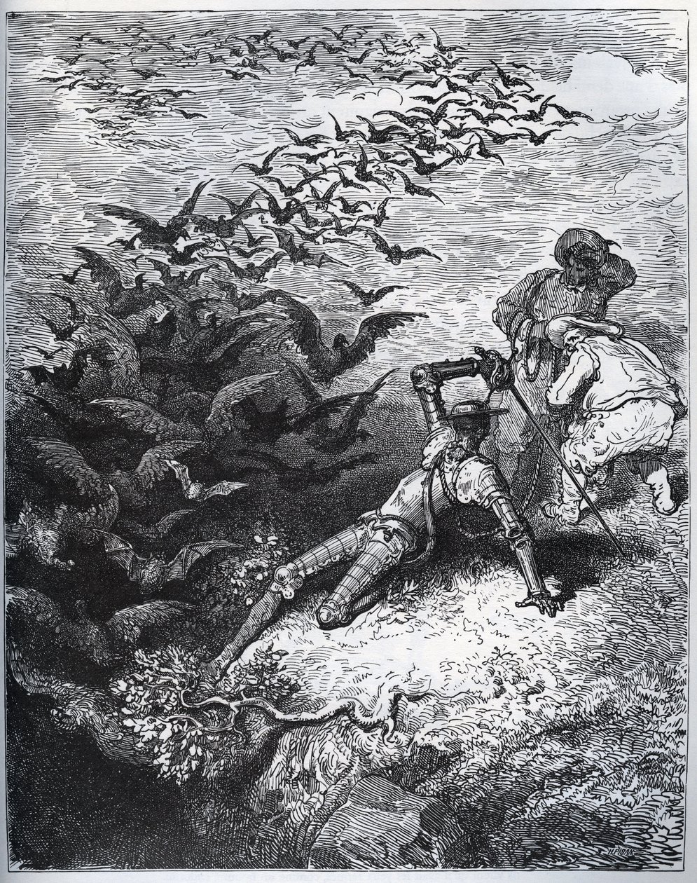 Don Quixote a la cave de Montesinos - Et uendeligt antal krager og råger flyver ud af Montesinos
