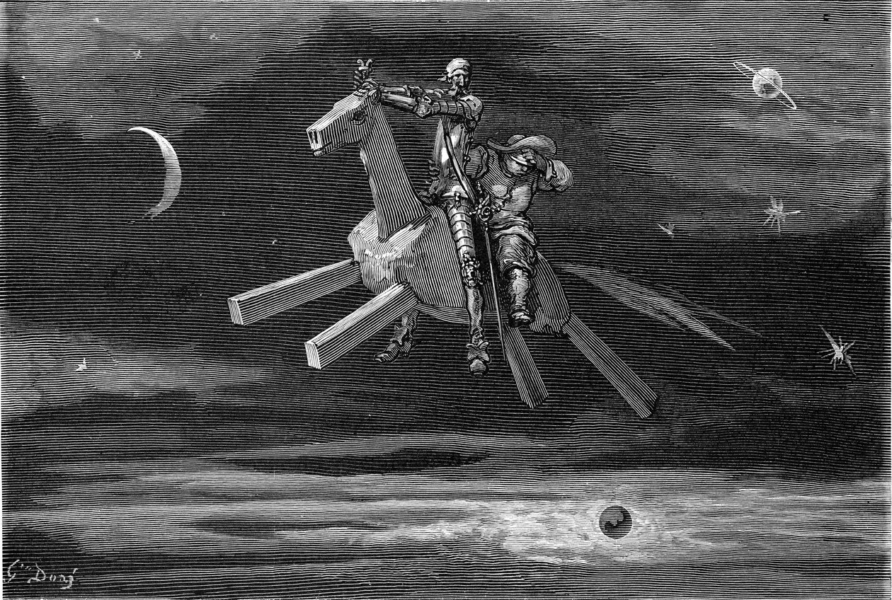 Don Quijote og Sancho Panca (Panza) på himlen, mellem månen og stjernerne, ridende på træhesten Clavilegne. Kobberstik af Gustave Dore, der illustrerer Hachette-udgaven fra 1869 af bogen "L
