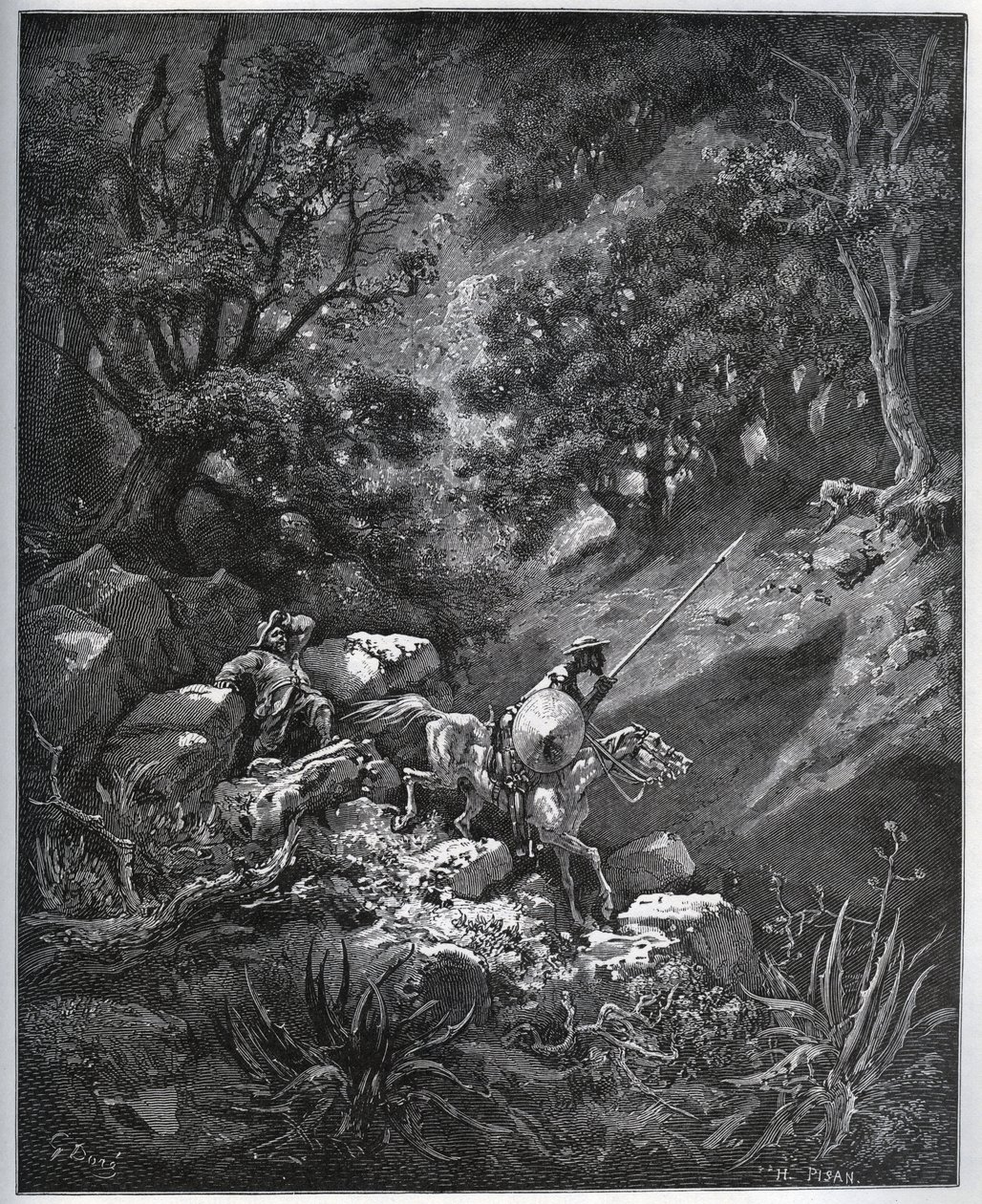 Don Quixote og Sancho Panza fortsætter deres rejse i Sierra Morena på jagt efter Deguenille-de-la-Malaise-minen - fra "Don Quixote de la Mancha" af Miguel Cervantes (1547-1616) (Don Quixote) - Træsnit efter tegning af Gustave Dore af Gustave Dore