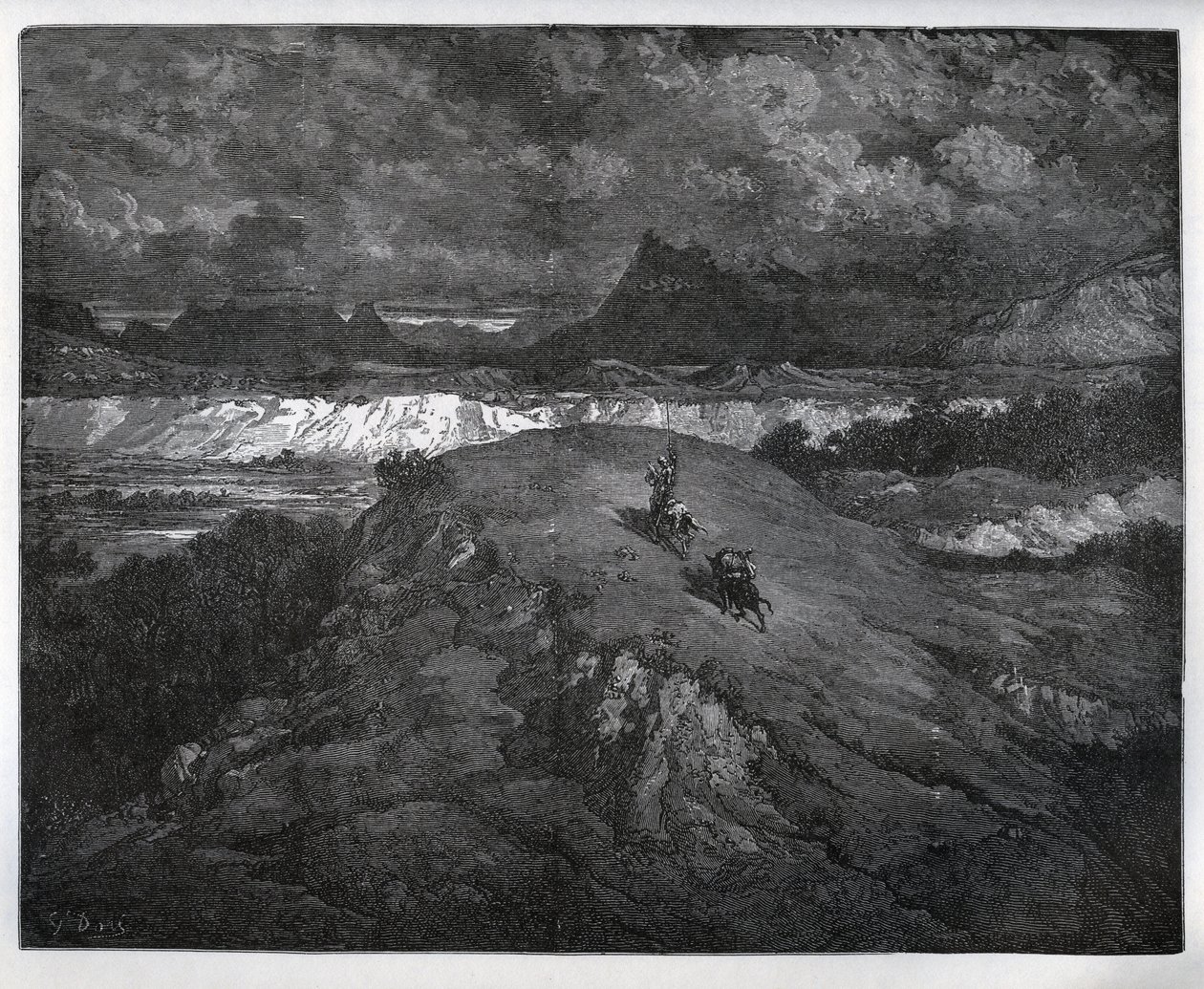 Don Quixote og Sancho Panza fortsætter deres eventyr i en bjergrig region, Sierra Morena - fra "Don Quixote de la Mancha" af Miguel Cervantes (1547-1616) (Don Quixote) - Træsnit efter tegning af Gustave Dore af Gustave Dore
