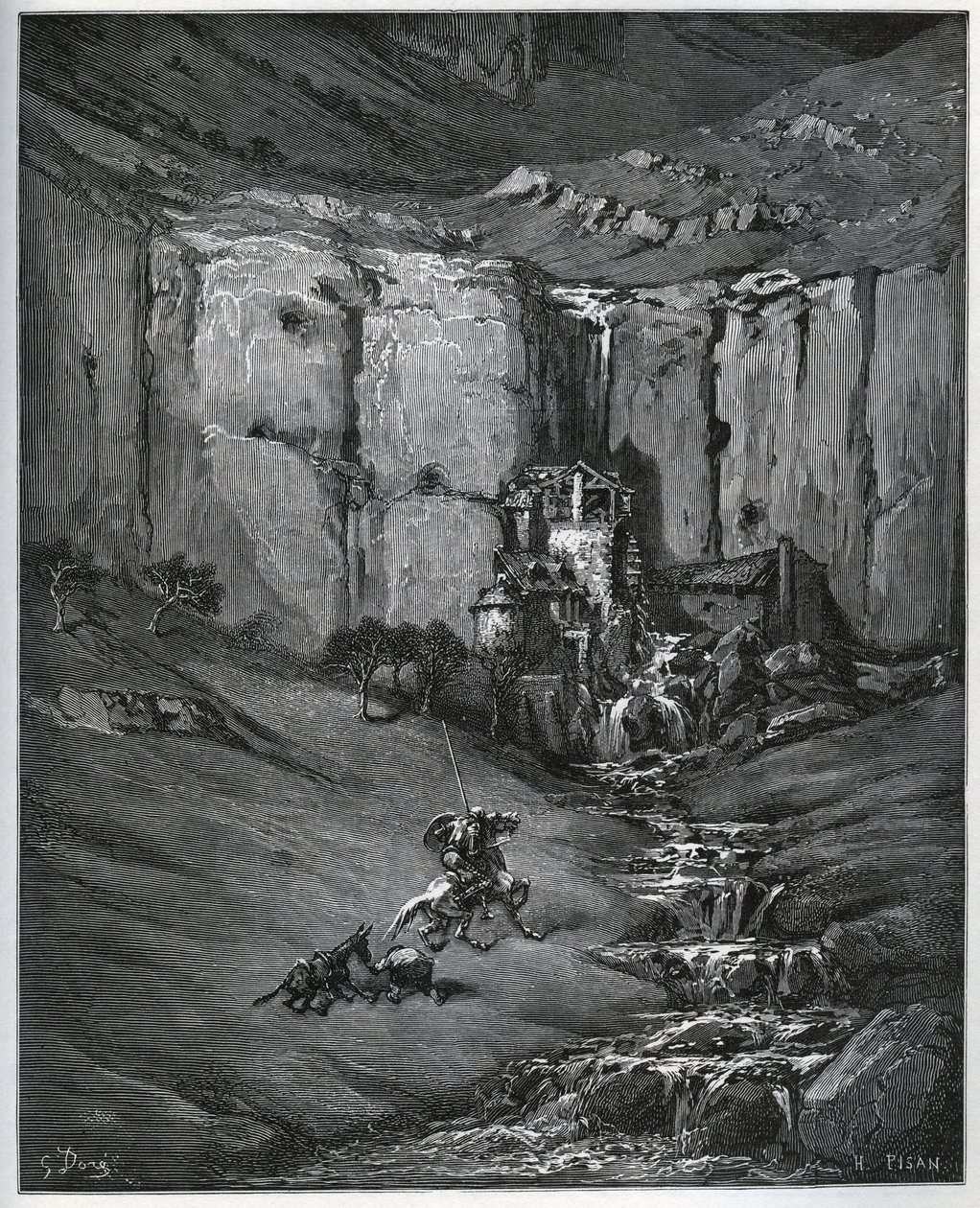 Don Quixote og Sancho Panza opdager, hvad der forårsagede deres bekymring, et vandfald og en mølle en foulon - fra "Don Quixote de la Mancha" af Miguel Cervantes (1547-1616) (Don Quixote) - Træsnit efter tegning af Gustave Dore af Gustave Dore
