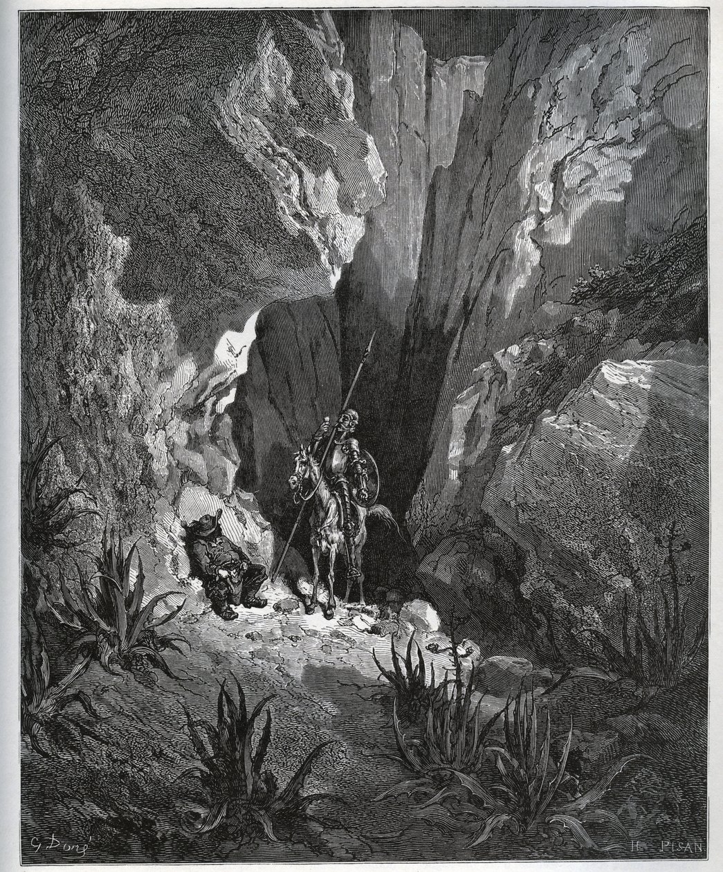 Don Quixote og Sancho Panza finder en rejsendes ting - fra "Don Quixote de la Mancha"" af Miguel Cervantes (1547-1616) (Don Quixote) - Træsnit efter tegning af Gustave Dore af Gustave Dore