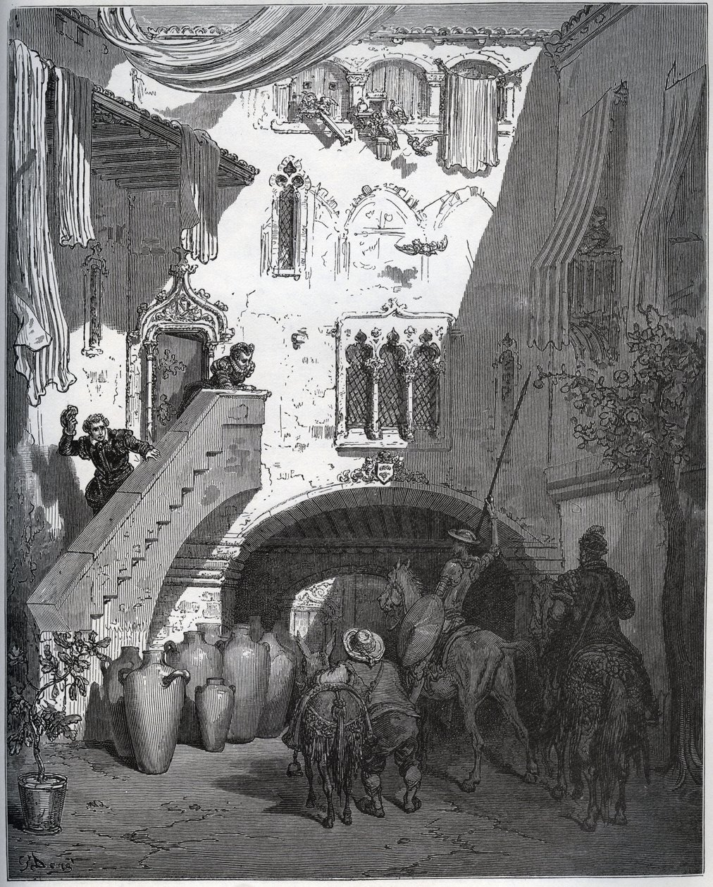 Don Quixote og Sancho Panza, inviteret af Don Diego de Miranda derhjemme, bliver budt velkommen af herrens kone og søn - fra "Don Quixote de la Mancha" af Miguel Cervantes (1547-1616) (Don Quixote) - Træsnit efter tegning af Gustave Dore af Gustave Dore