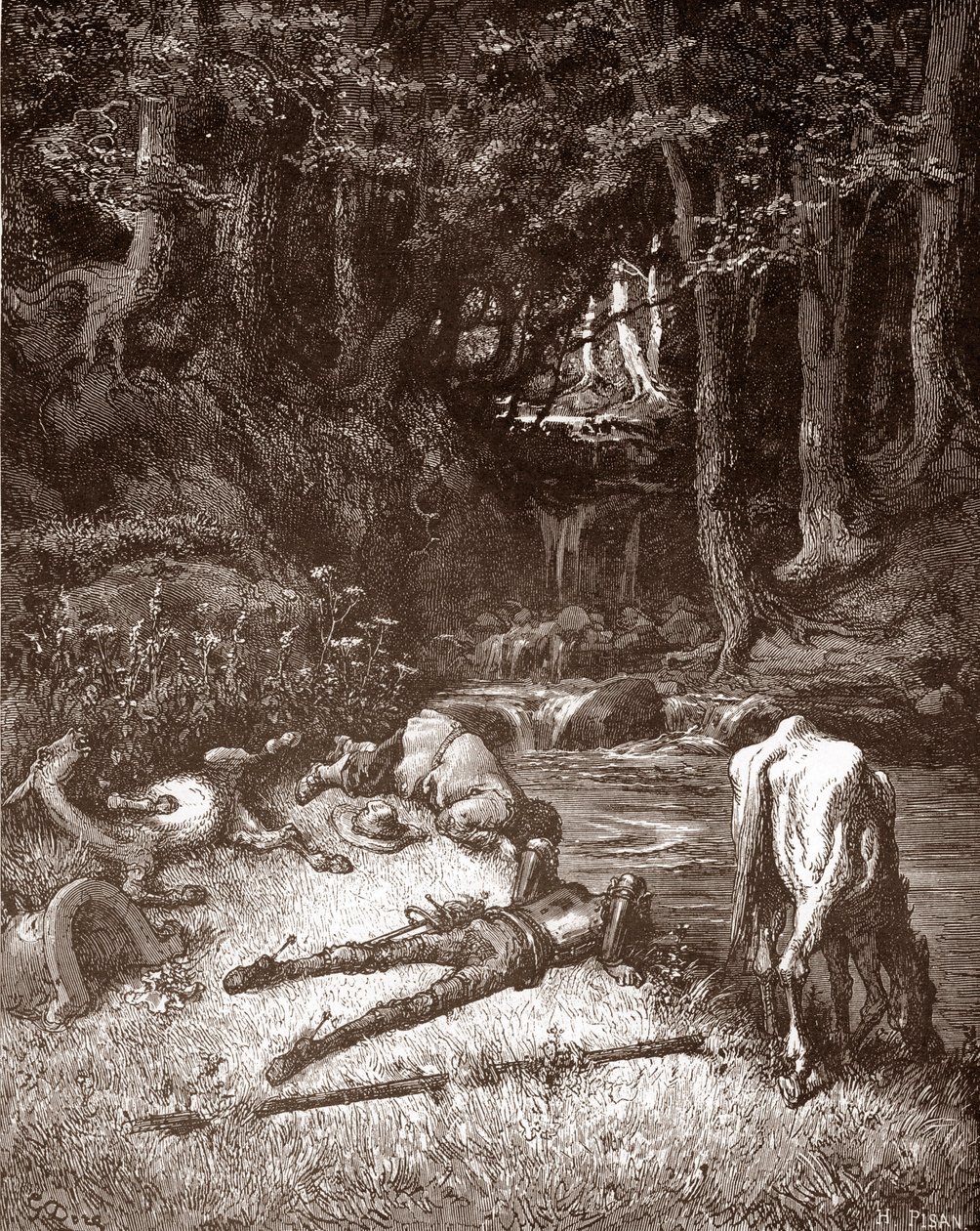 Don Quixote og Sancho Panza genopfrisker dem ved en bæk Gravering af Gustave Dore (1832-1883) til "L