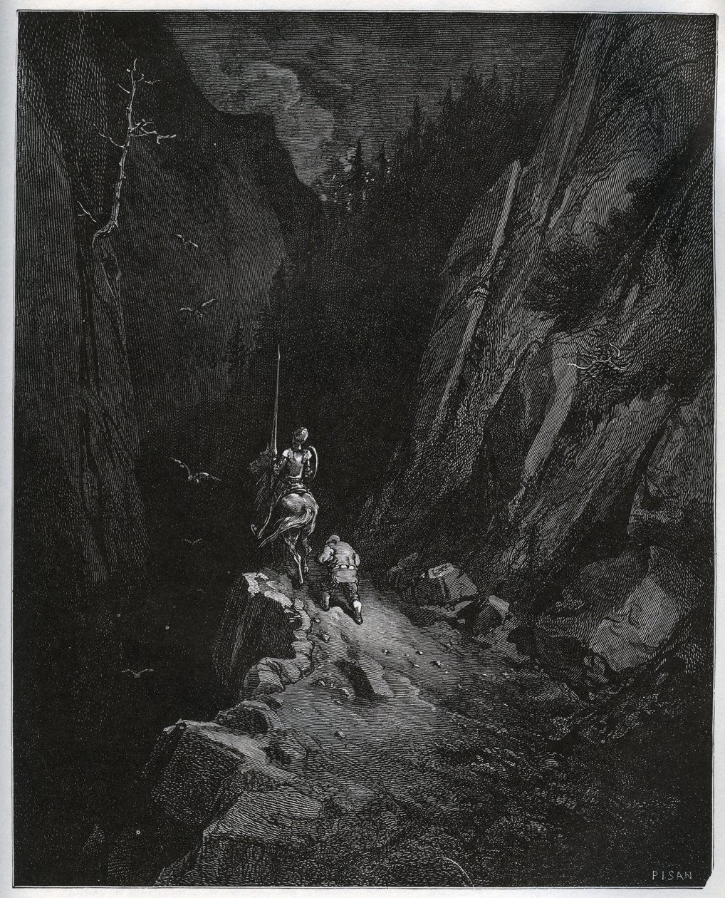 Don Quixote og Sancho Panza synker ned i Sierra Morena - fra "Don Quixote de la Mancha" af Miguel Cervantes (1547-1616) (Don Quixote) - Træsnit efter tegning af Gustave Dore af Gustave Dore