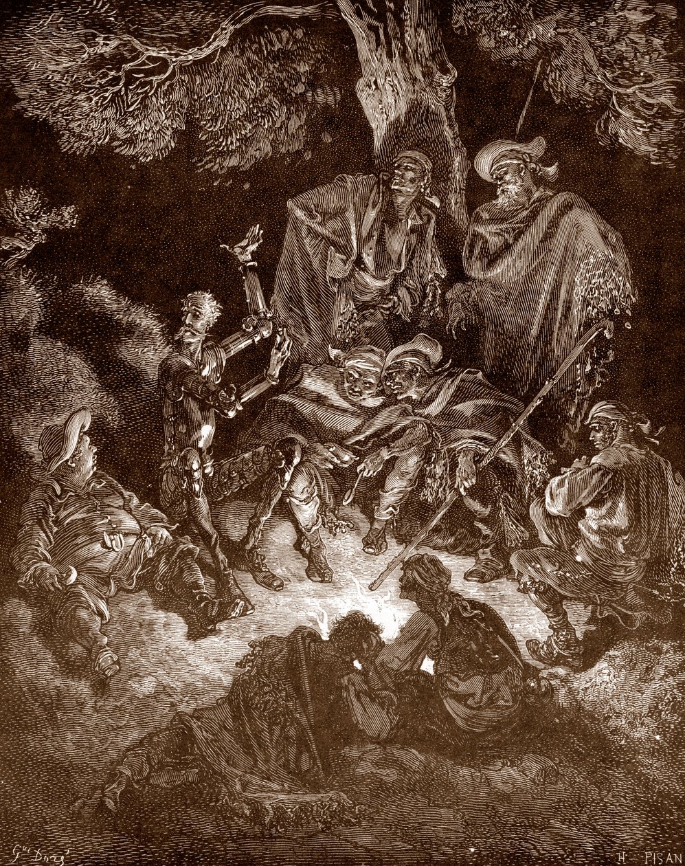 Don Quixote og Sancho Panza med gedehyrderne Indgravering af Gustave Dore (1832-1883) til "L