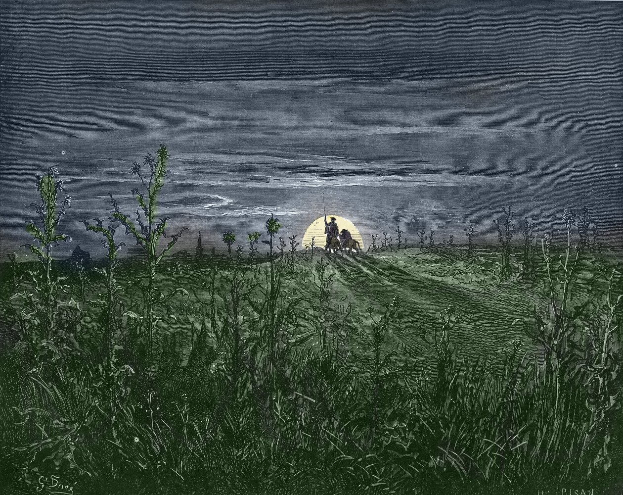 Don Quixote og Sancho, på vej til Toboso - fra "" Don Quixote de la Mancha"" af Miguel Cervantes (1547-1616) (Don Quixote) - Træsnit efter tegning af Gustave Dore (1832-1883) af Gustave Dore