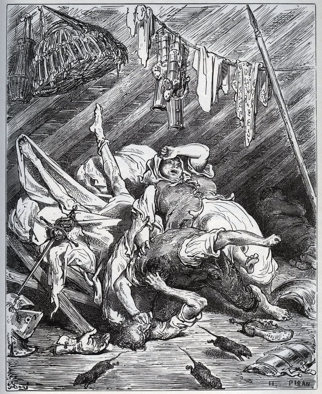 Don Quixote og en muldyrmager kæmper for Maritornes, husholdersken, som Don Quixote tager for sin Dulcinee - fra "Don Quixote de la Mancha" af Miguel Cervantes (1547-1616) (Don Quixote) - Træsnit efter tegning af Gustave Dore af Gustave Dore