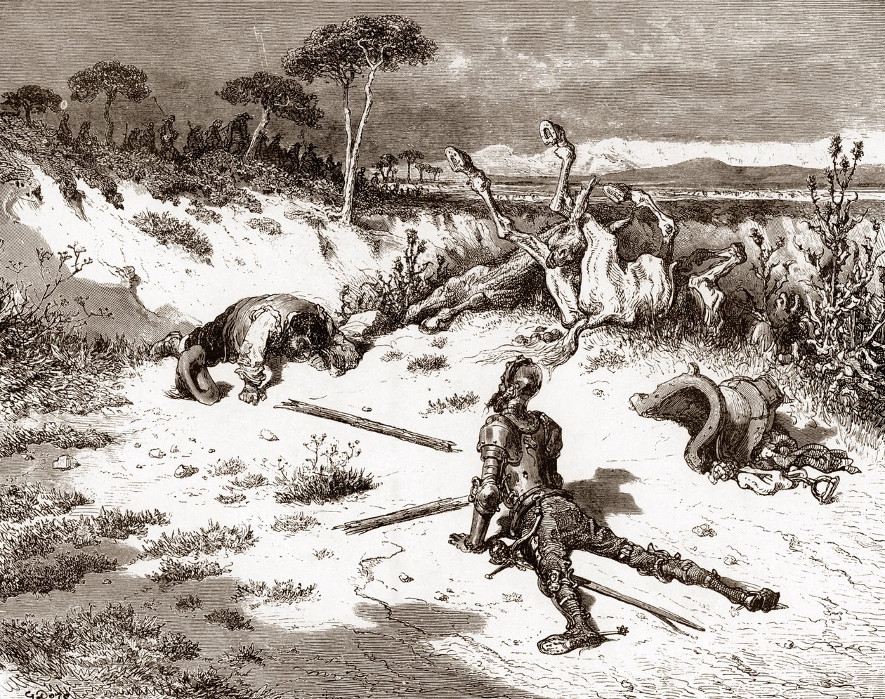 Don Quixote og sancho Panza efter slagsmålet med vagterne og forbryderne Gravering af Gustave Dore (1832-1883) til "L