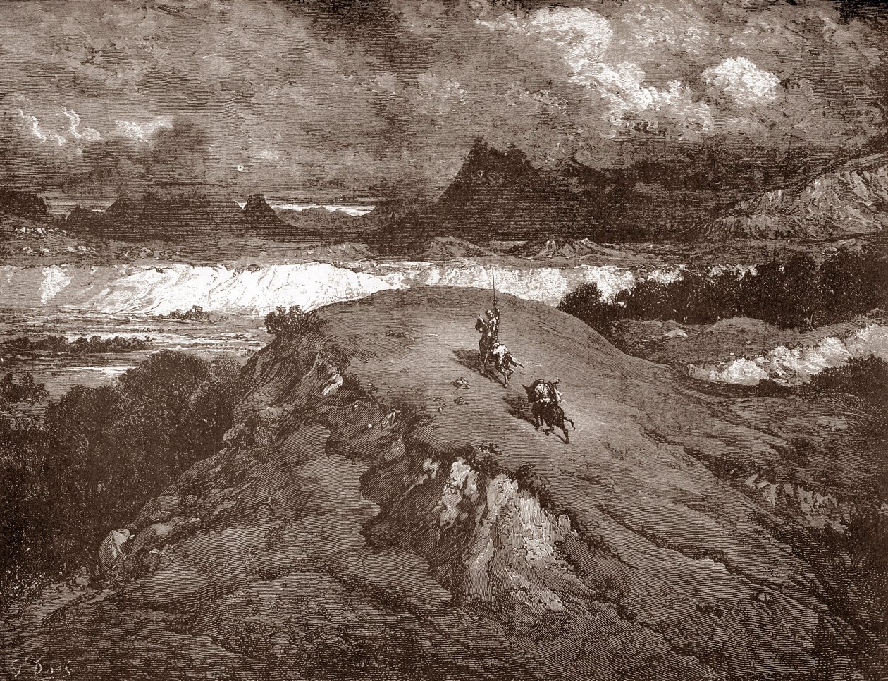 Don Quixote og sancho Panza nærmer sig Sierra Morena Gravering af Gustave Dore (1832-1883) til "L