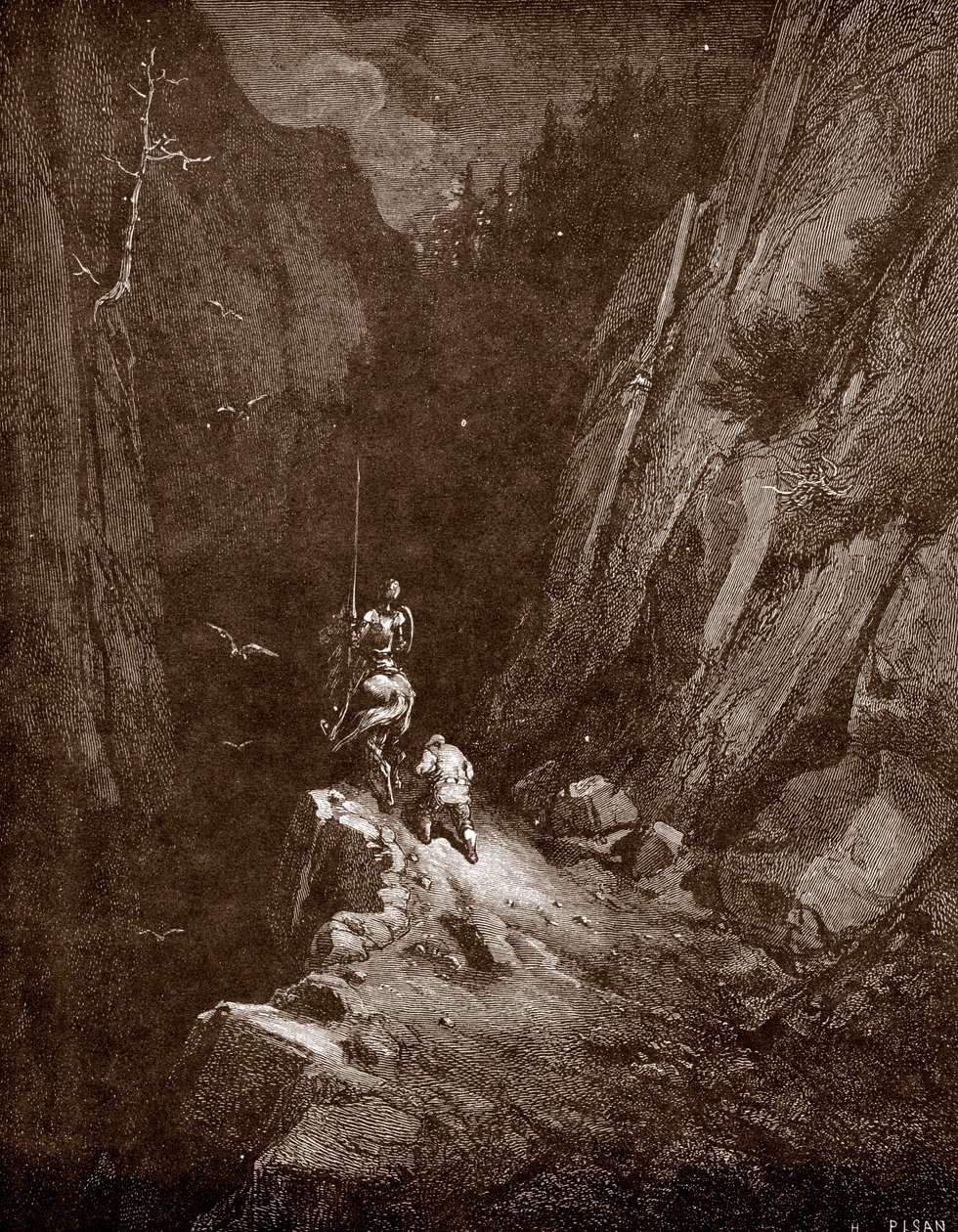 Don Quixote og Sancho Panza i hjertet af Sierra Morena Gravering af Gustave Dore (1832-1883) til "Den geniale noble Don Quixote fra La Manche (Quixote - Quixote)" af Miguel de Cervantes (1547-1616) 1863 Privat samling af Gustave Dore