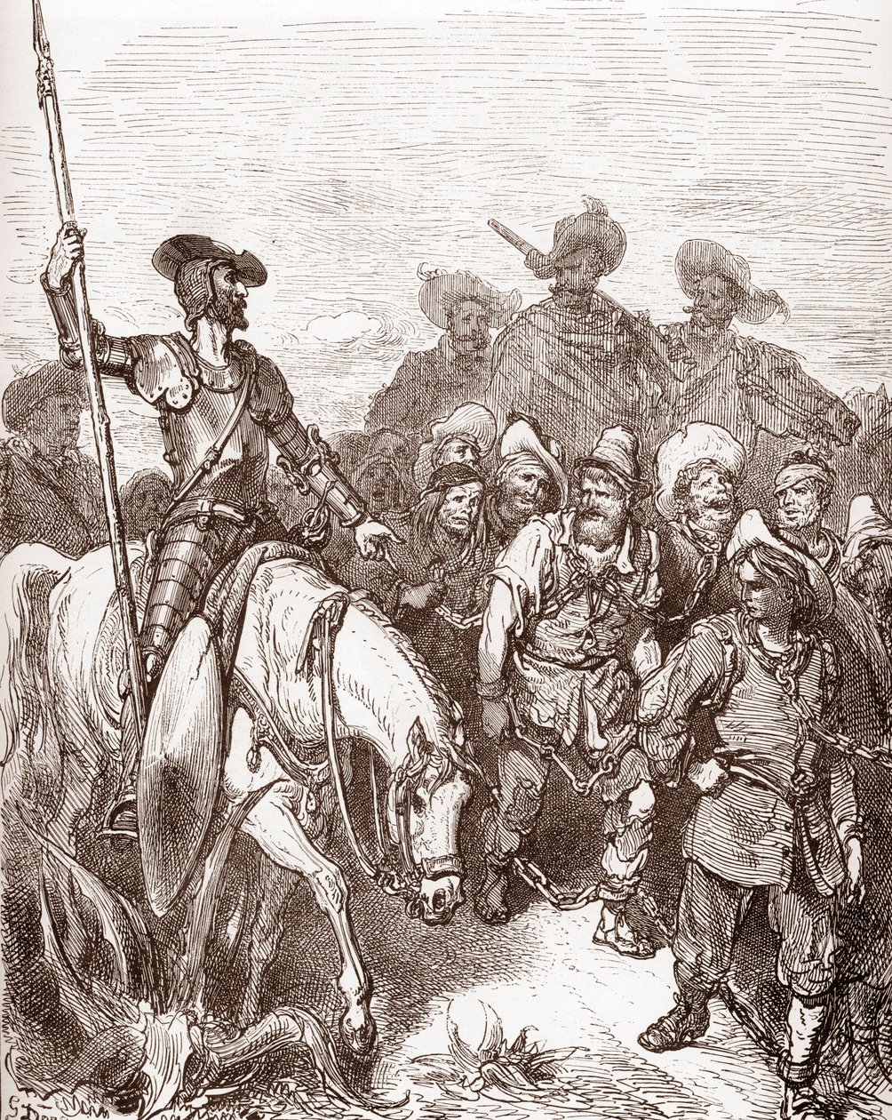Don Quixote og sancho Panza forhører de kriminelle, der bliver ført til kabyssen. Gravering af Gustave Dore (1832-1883) for "L