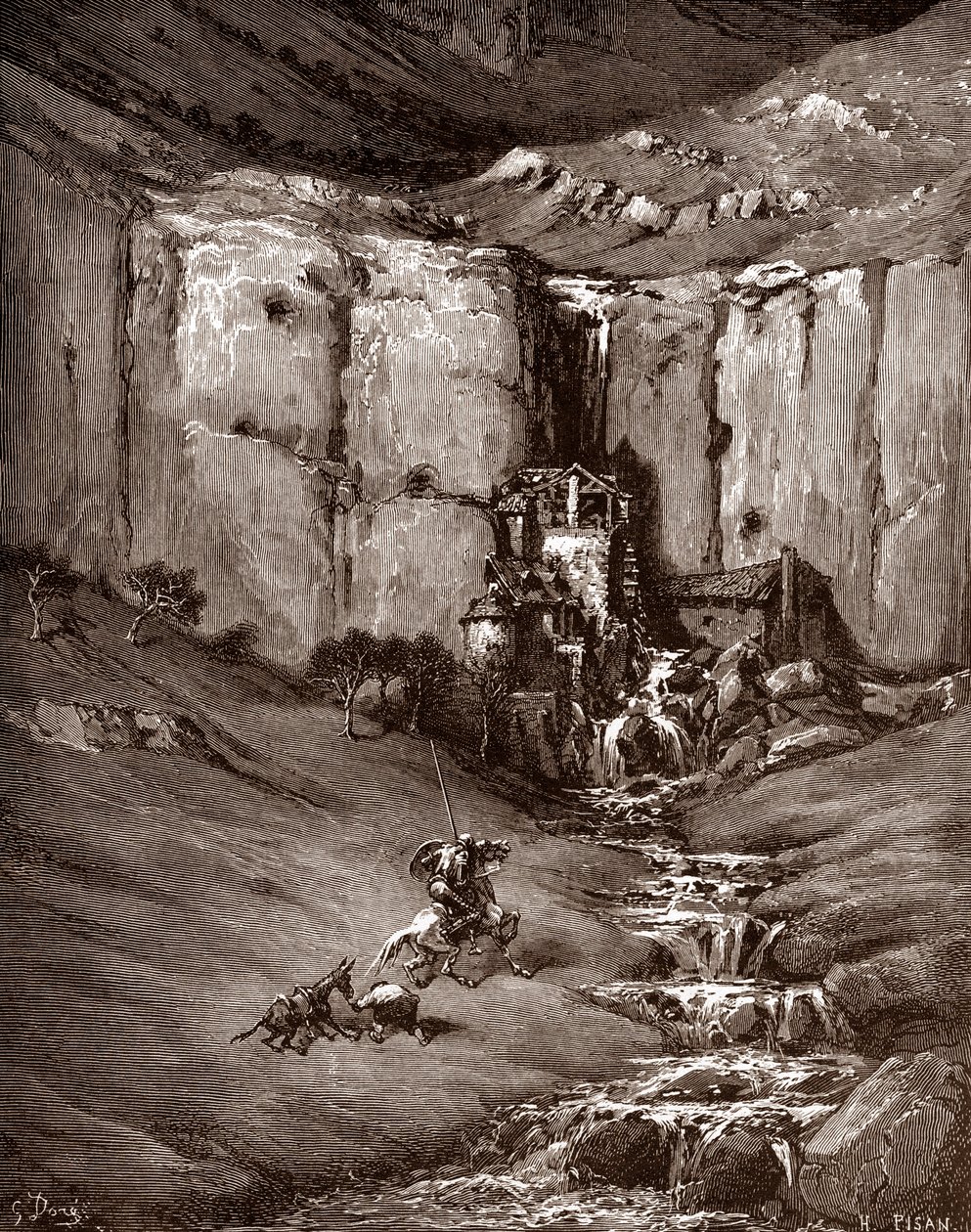 Don Quixote og sancho Panza ser et vandfald og larmende kroge (Don Quixote og sancho Panza ser et vandfald og larmende kroge) Gravering af Gustave Dore (1832-1883) til "The Ingenieux Hidalgo Don Quixote de la Mancha (Quixotte - Quijote)" af Miguel de Cerva af Gustave Dore