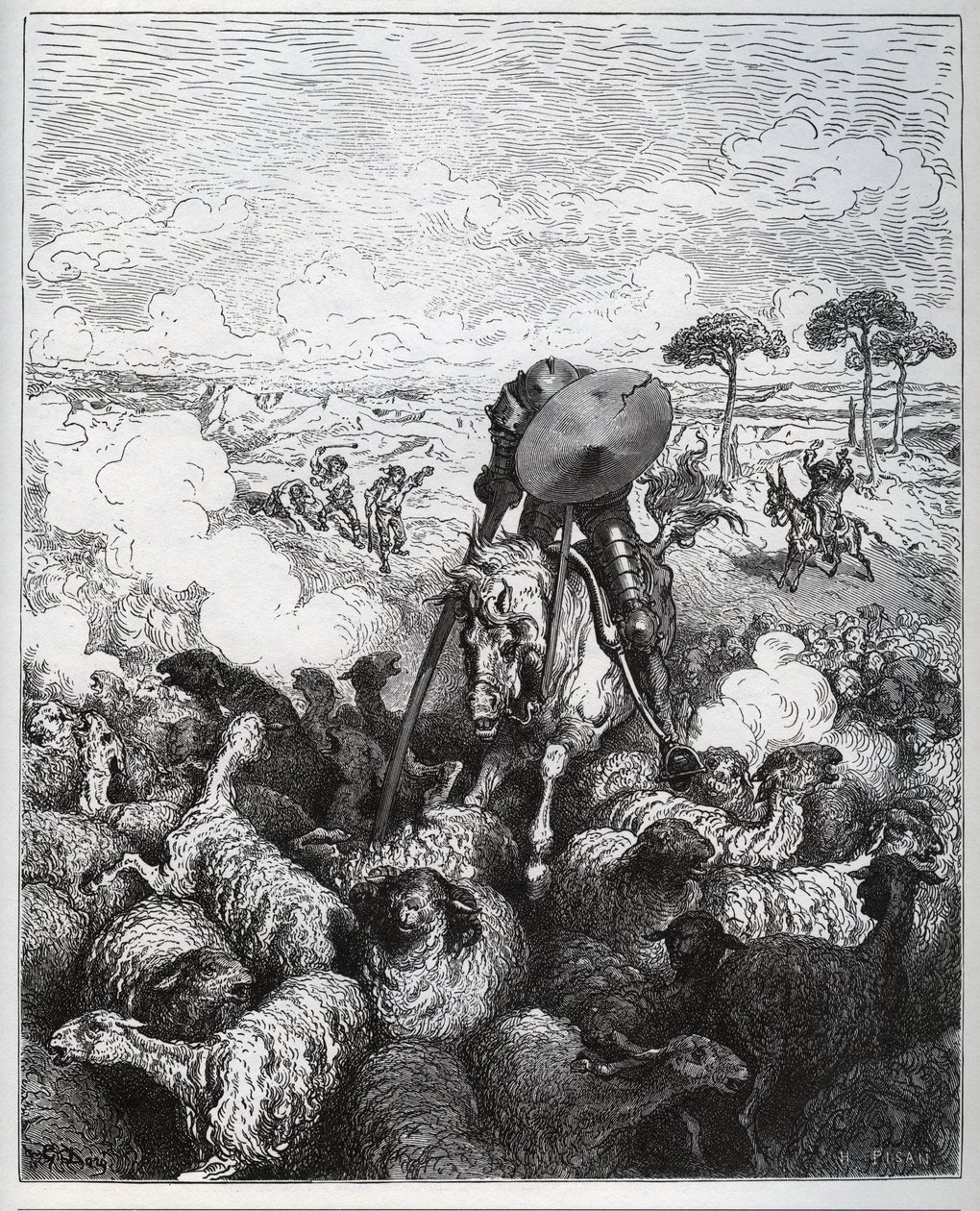 Don Quixote angriber en flok får i den tro, at han havde at gøre med hæren af Alibanfaron af Taprobana - fra "Don Quixote de la Mancha" af Miguel Cervantes (1547-1616) (Don Quixote) - Træsnit efter tegning af Gustave Dore af Gustave Dore