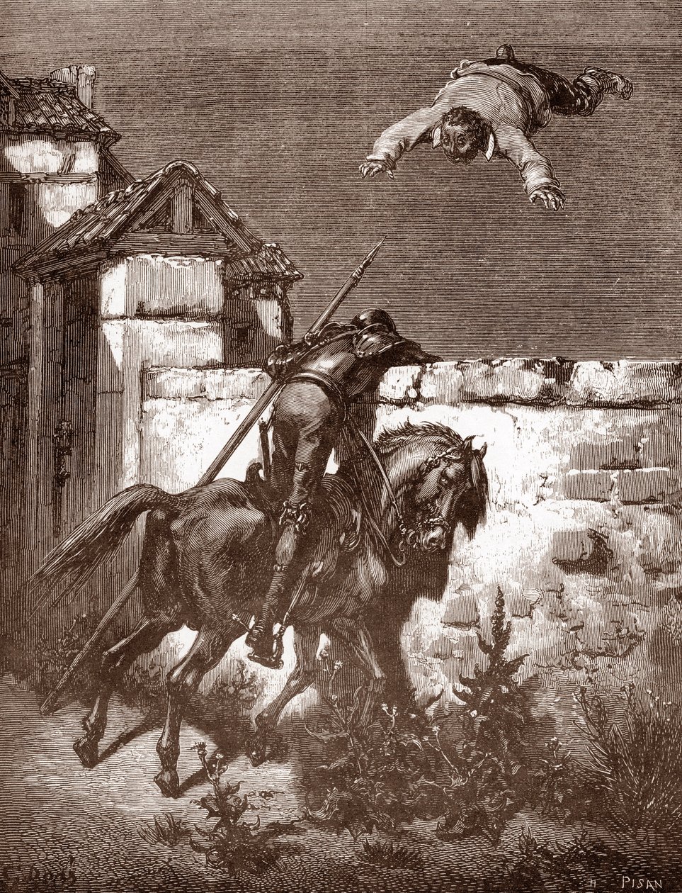 Don Quixote formår ikke at stoppe affyrerne af Sancho Panca, som får ham til at hoppe på et tæppe (Don Quixotes remonstrationer formår ikke at påvirke kasterne) Gravering af Gustave Dore (1832-1883) til "L