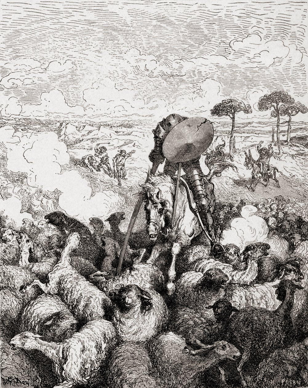 Don Quixote kæmper mod fåreflokken, fra Die Gartenlaube, pub. 1905 af Gustave Dore