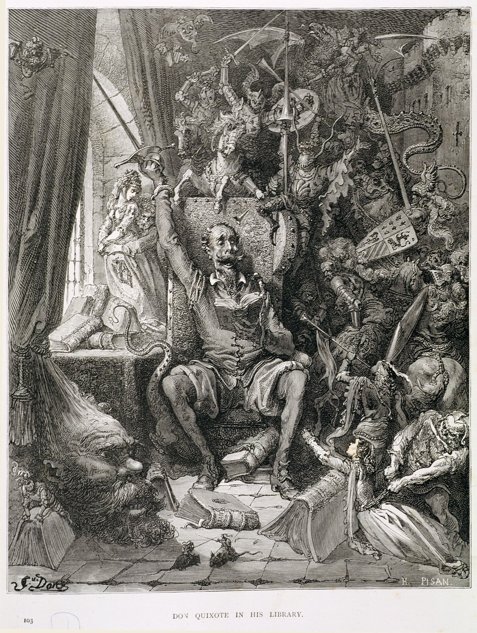 Don Quixote i hans bibliotek, indgraveret af Heliodore Joseph Pisan (1822-90) ca. 1868 af Gustave Dore