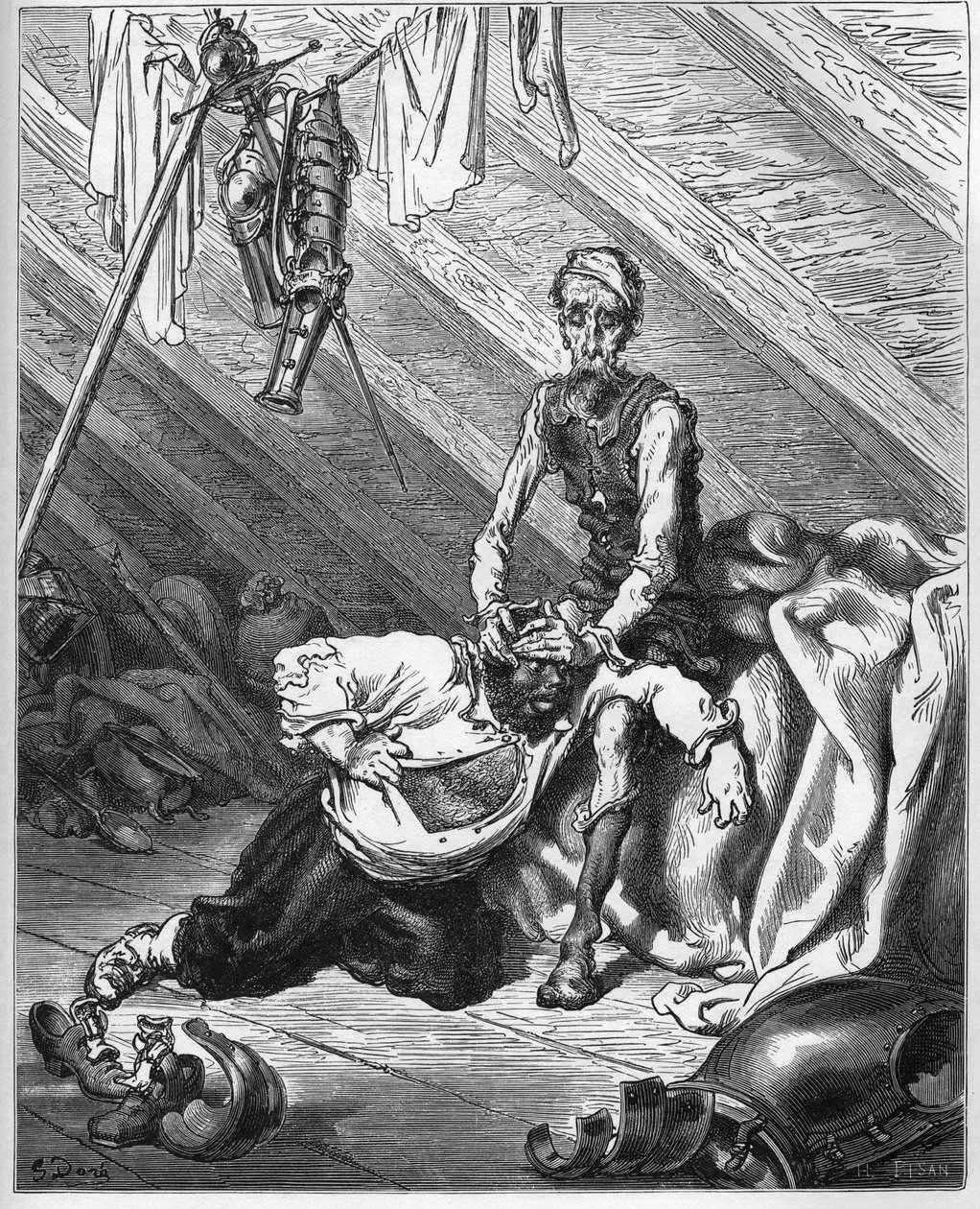Don Quixote får Sancho Panza til at smage sin dyrebare sansebalsam til at helbrede dem begge af alle dårligdomme - fra "Don Quixote de la Mancha" af Miguel Cervantes af Gustave Dore