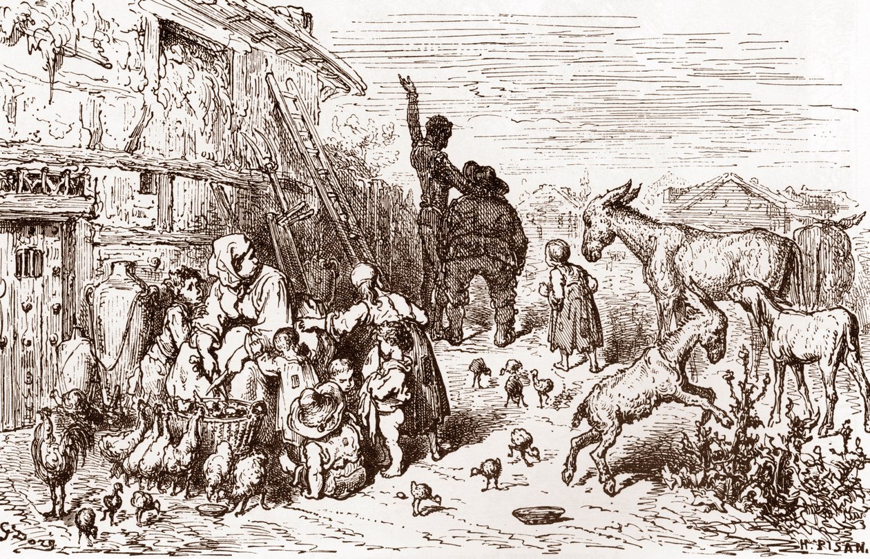 Don Quixote overtaler sin nabo Sancho Panza til at blive hans væbner. Gravering af Gustave Dore (1832-1883) til "L